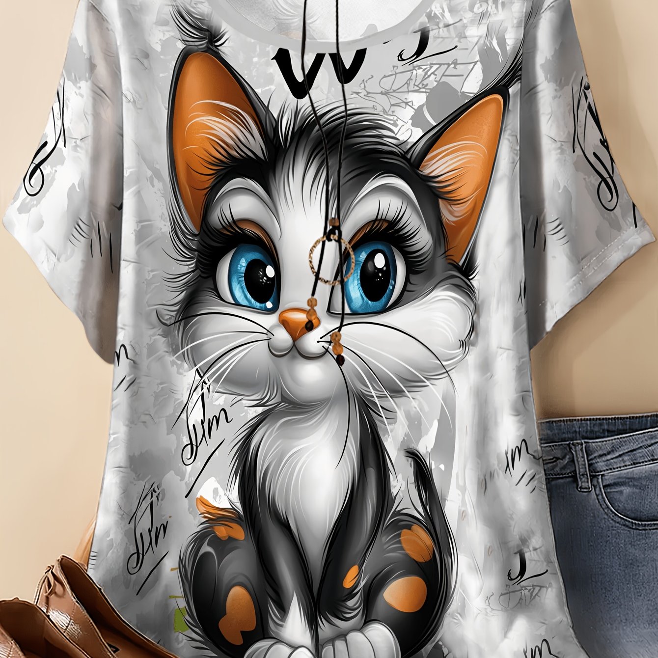 TEMU Große Größen - Große Größen - Neues Damenmode T-Shirt mit Katzenprint in großen Größen, lässiges Rundhals-T-Shirt, lockeres Freizeitoberteil mit