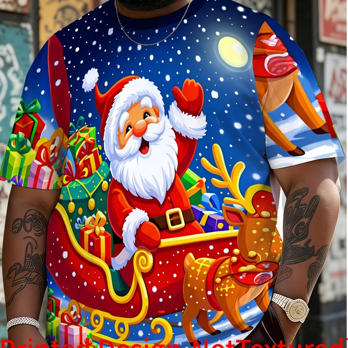 TEMU [printed Design-not Textured] Men's Plus Size Round Neck Short Sleeve T-shirt, And Loose Fit Tee, Christmas Theme Full Print Santa Claus Sleigh