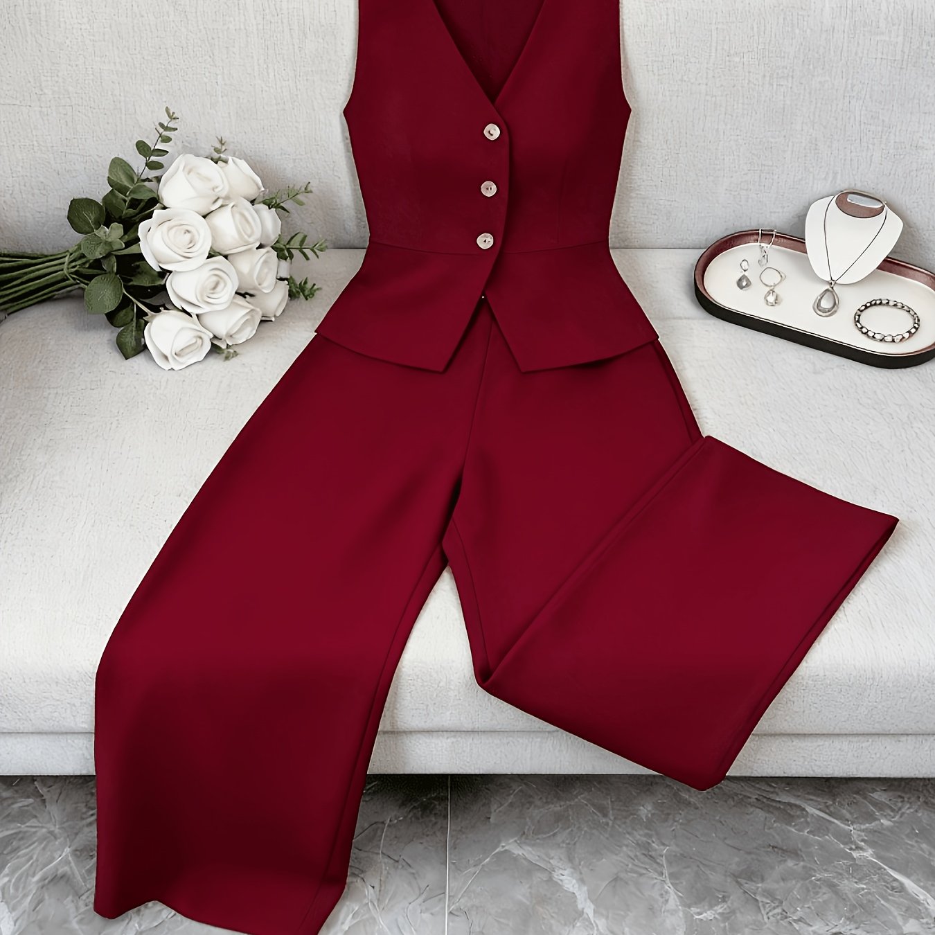 TEMU Elegant Sleeveless Top And Pants Set For Women, Business Commuter Style, Suitable For And Office Wear. Teacher's Uniform
