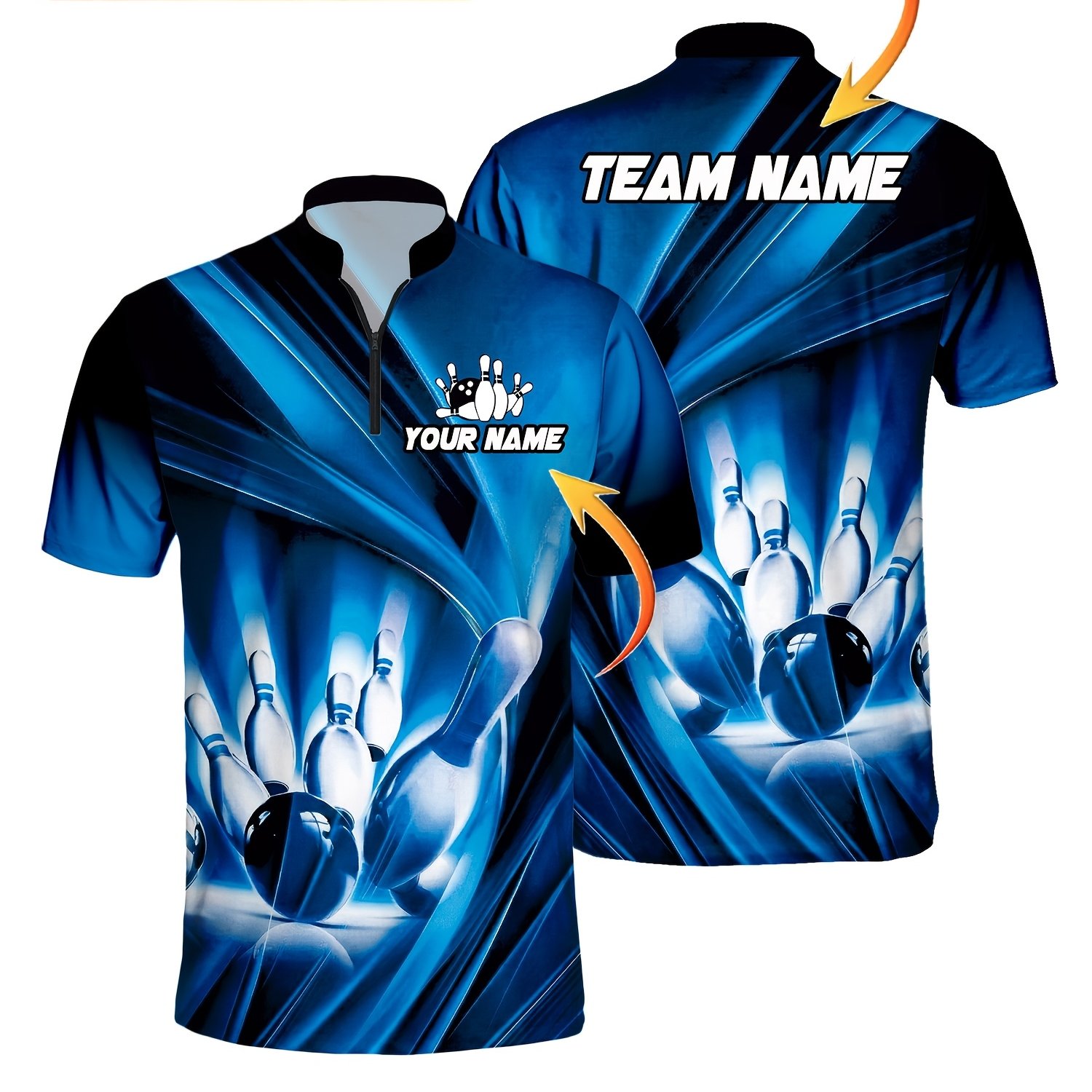 TEMU Custom Name & Team Name Colorful Of Light Bowling Pattern Printed Summer Men's Fashion Zipper Shirt