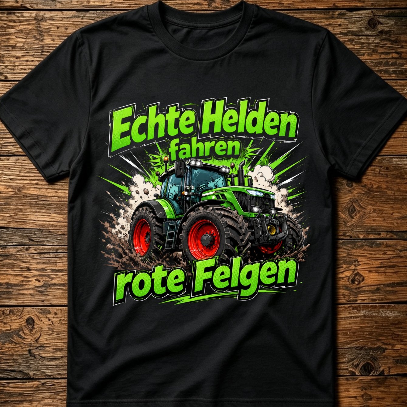 Image of Men' German "echte Fahren Rote Felgen" T-shirt - Print With Red Wheels & Lime Lettering, Casual Round Neck Tee Suitable For Driving Enthusiasts, Tractor, Casual Attire, Machine Washable