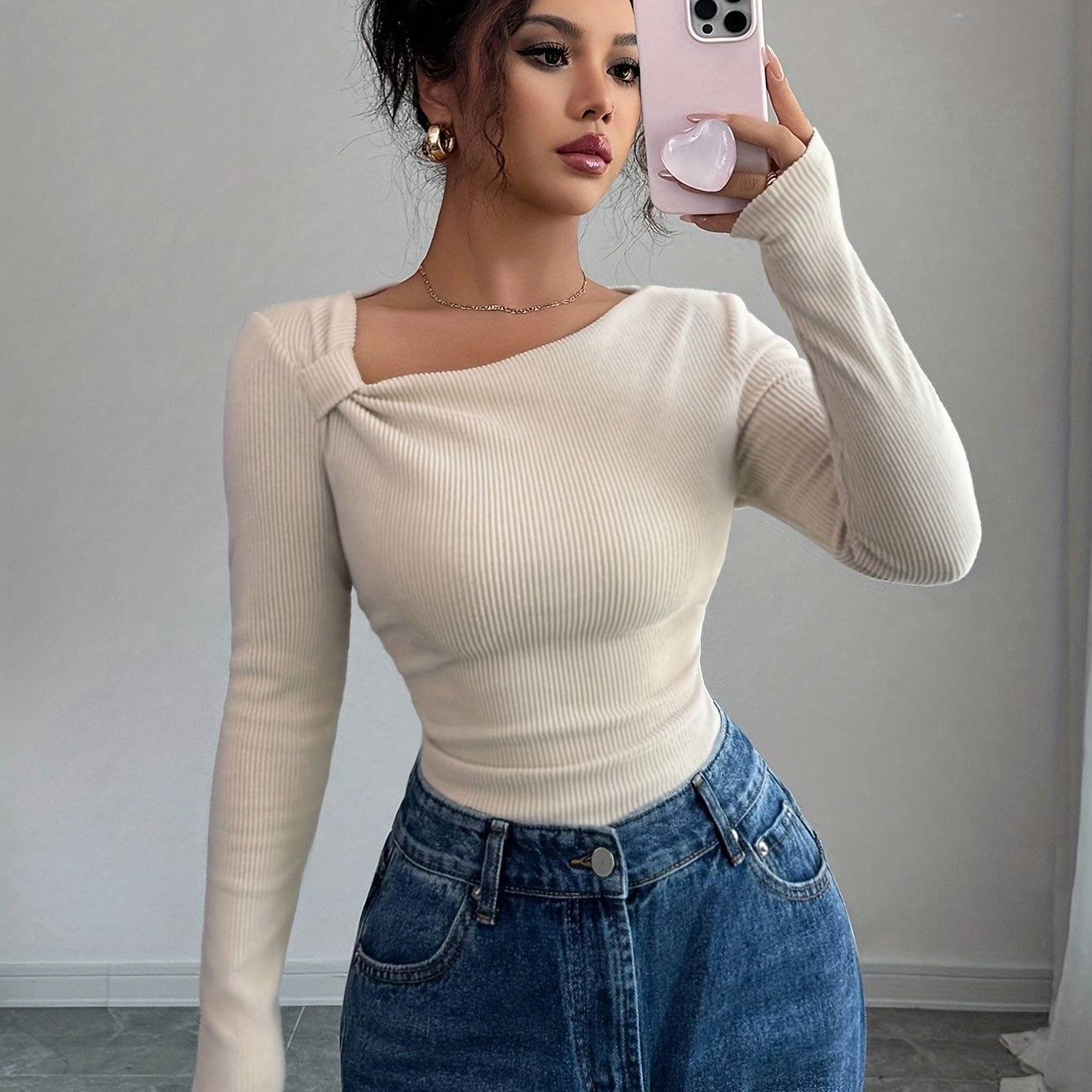TEMU Autumn And Winter Women' Color Neckline Asymmetrical Slim Ribbed Long-sleeved T-shirt Top