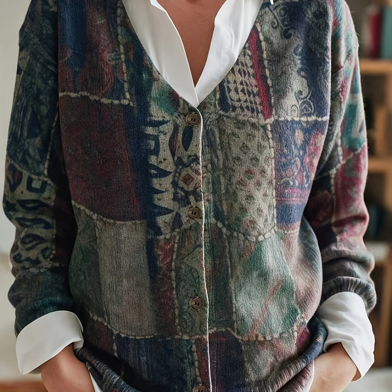 TEMU Plus Size, 2d Flat Pattern Autumn/ New Stylish -neck Long Sleeve Cardigan For Women, Floral Pattern Flat Trendy Women's Thin Sweater Outerwear,