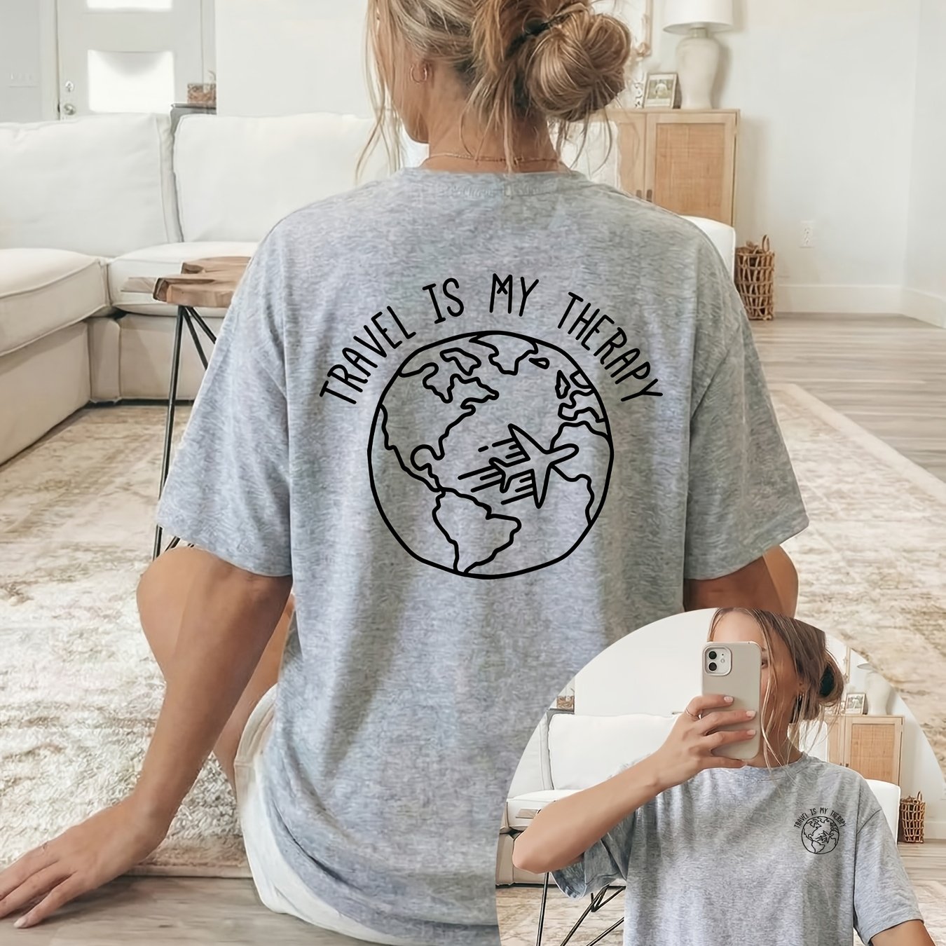 TEMU Women's T-shirt With Double-sided Print, Short-sleeved Round Neck Casual Top, Featuring A Design With An Airplane And The Text 'travel Is My