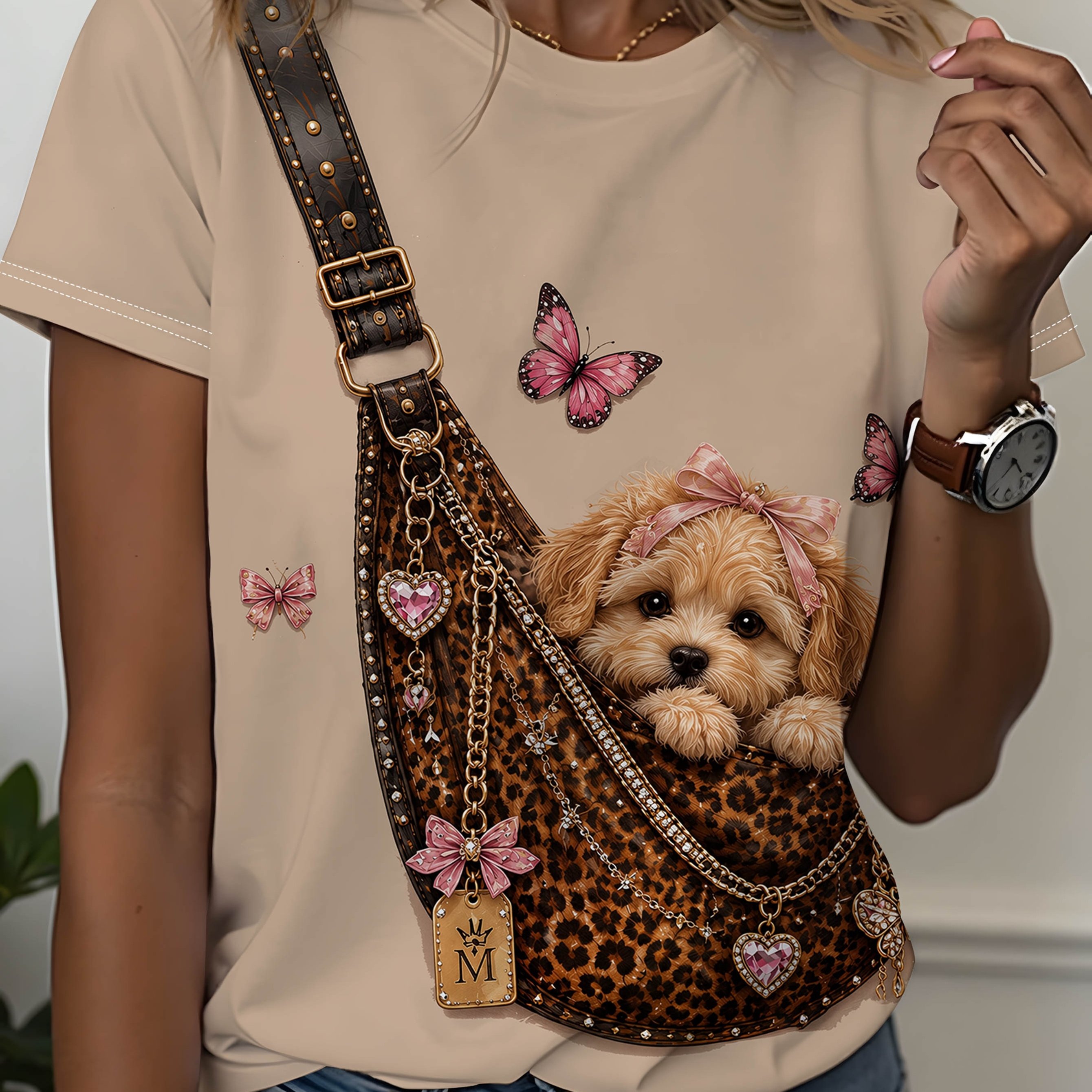TEMU [2d Print, Non-texture] Women's Fashion 2d Puppy Crossbody Bag Graphic Print Crew Neck Top, Women's Casual Crew Neck Short Sleeve T-shirt,