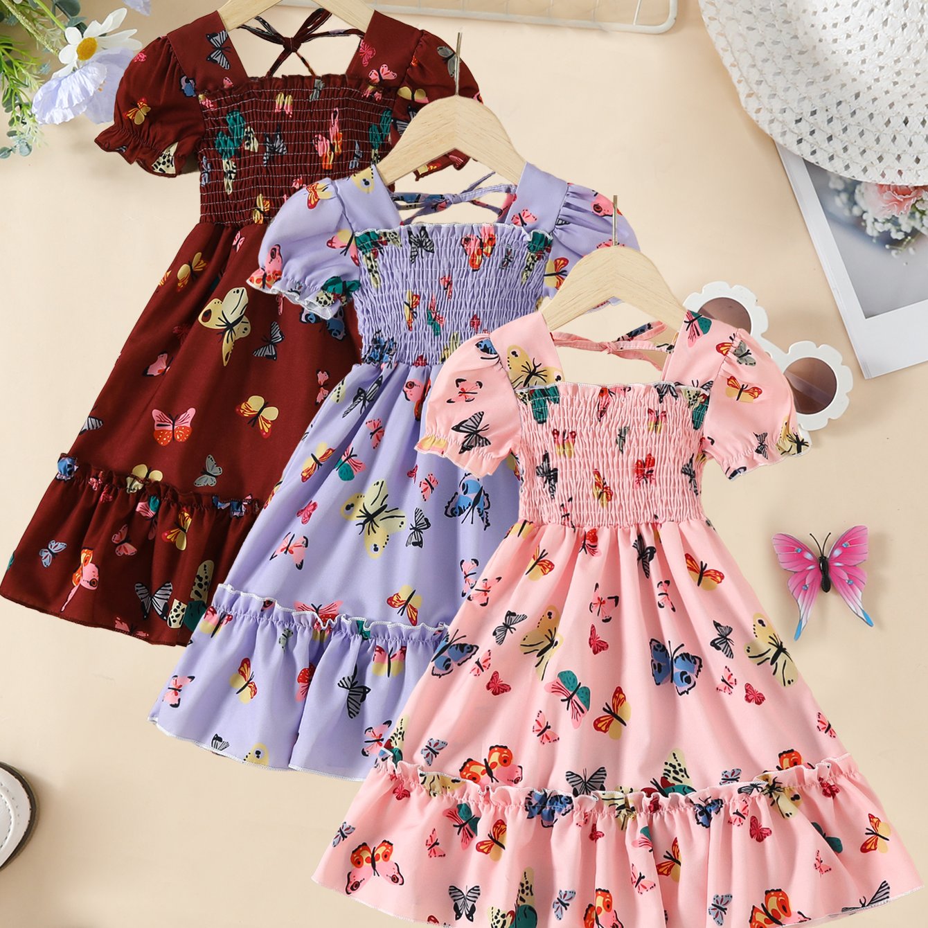 TEMU 3pcs Set Girls' Dresses With Neckline & Smock Front - A-line Mid-length Casual Party Dresses In Vibrant Colors (pink, Red) - Lightweight