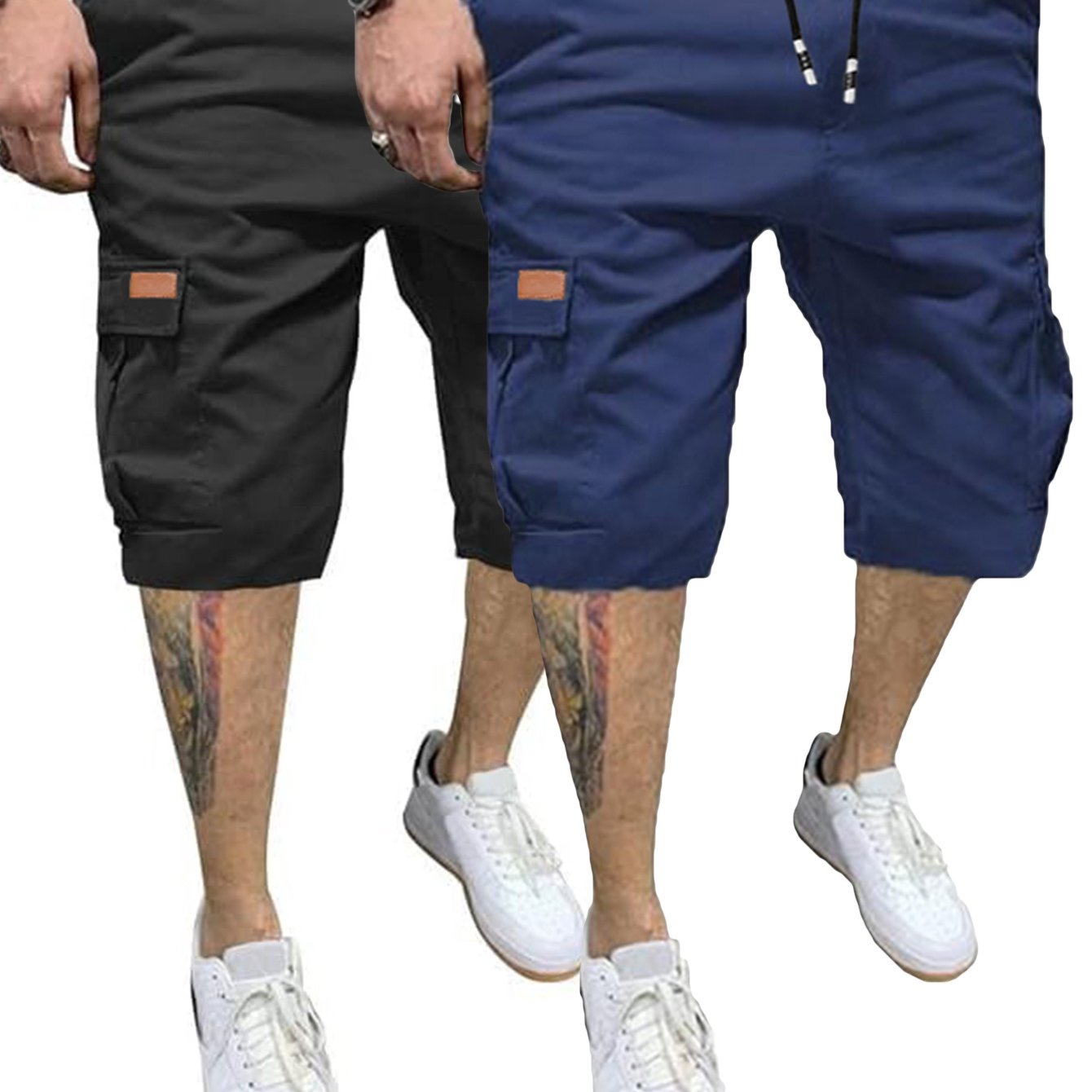 TEMU 2pcs Men's Casual Cargo Shorts - Classic Drawstring, Stretch Cotton With Multiple Pockets, Gray & Brown, Machine Washable, Comfortable For Casual Attire