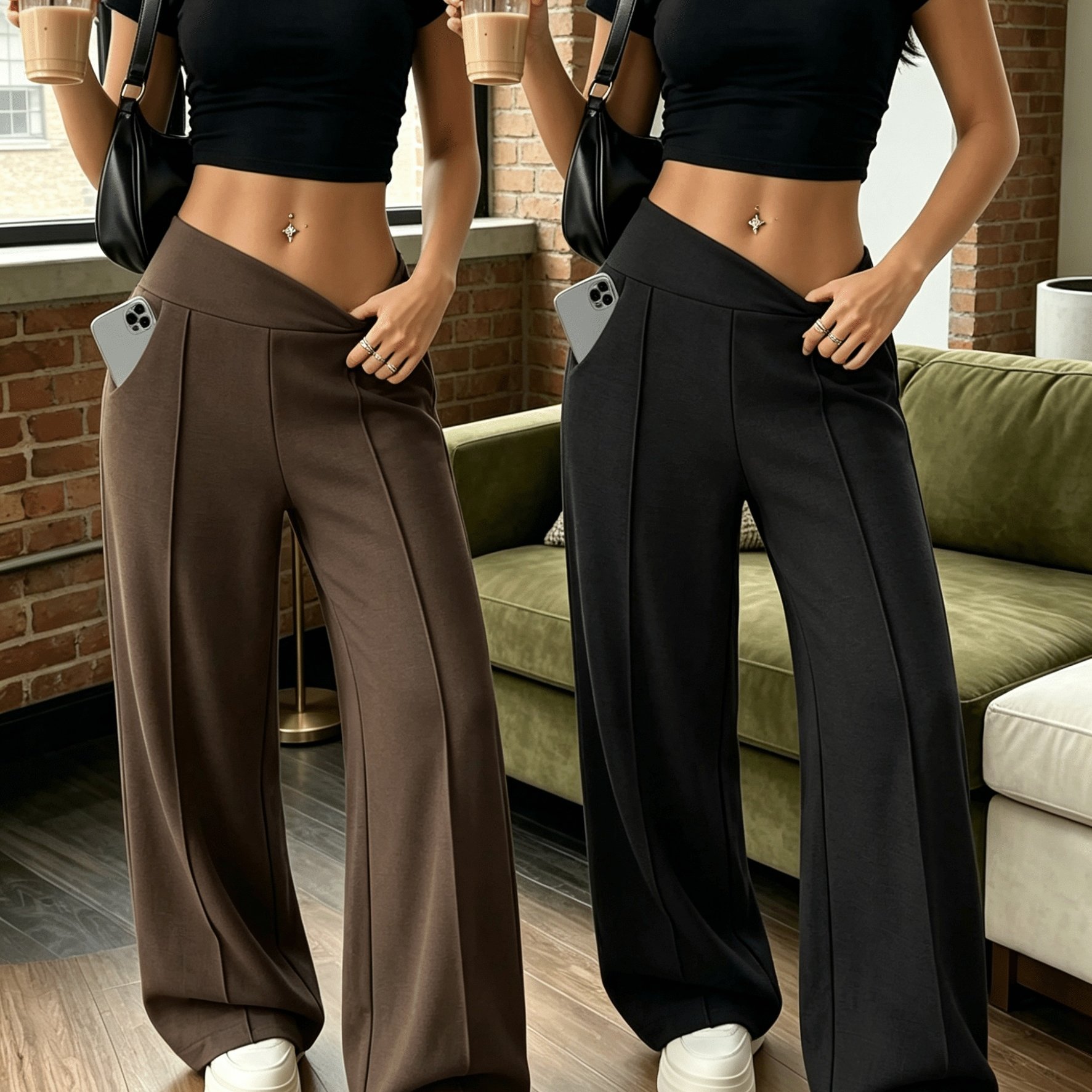 TEMU Women's High-waist Loose Fit Straight Wide-leg Trousers, Black/coffee Casual Pants With Pockets