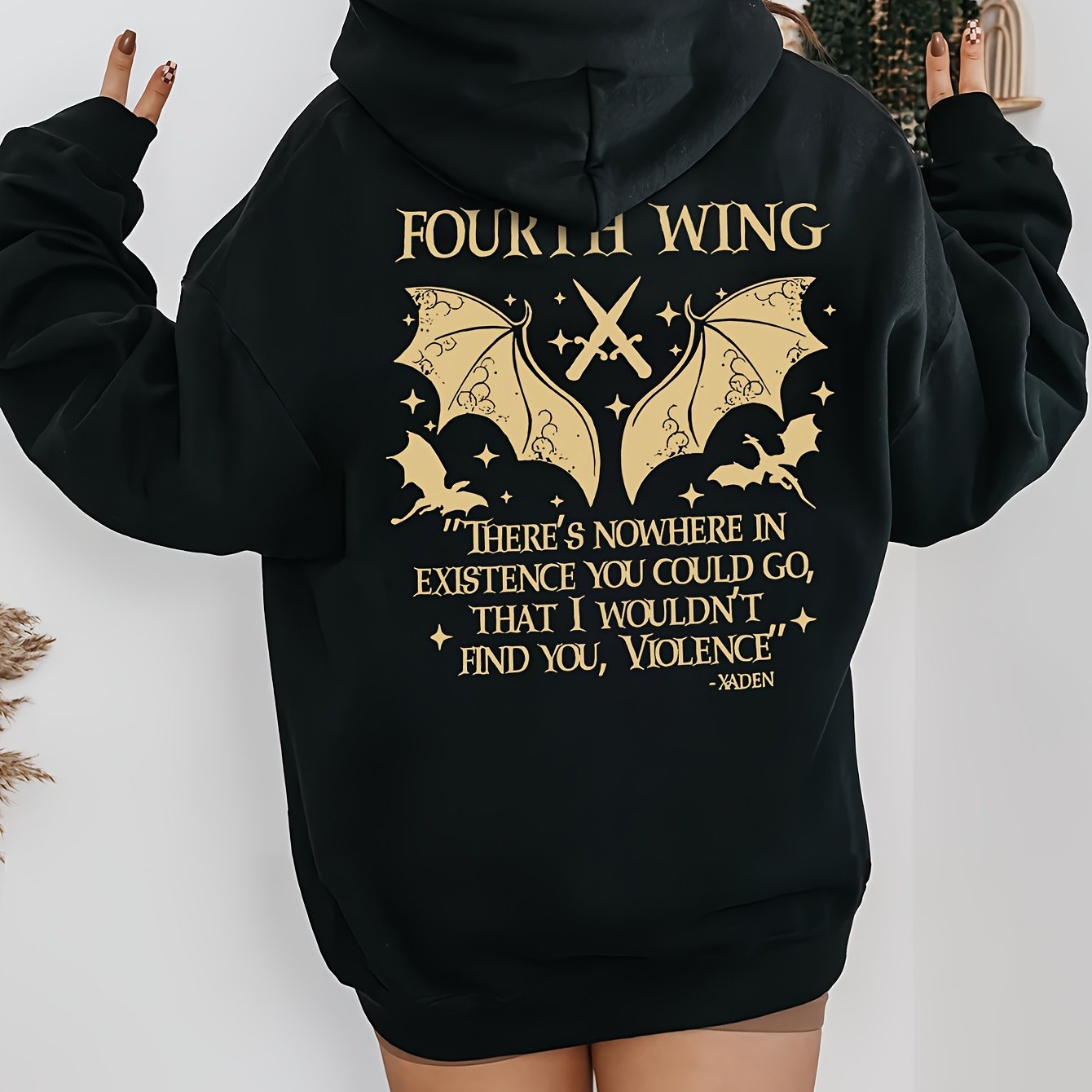 TEMU Women' Black Hoodie With Golden "fourth Wing" Design - Casual, , Drawstring Collar, Casual Wear Hoodie | Graphic Hoodie | Drawstring Hoodie
