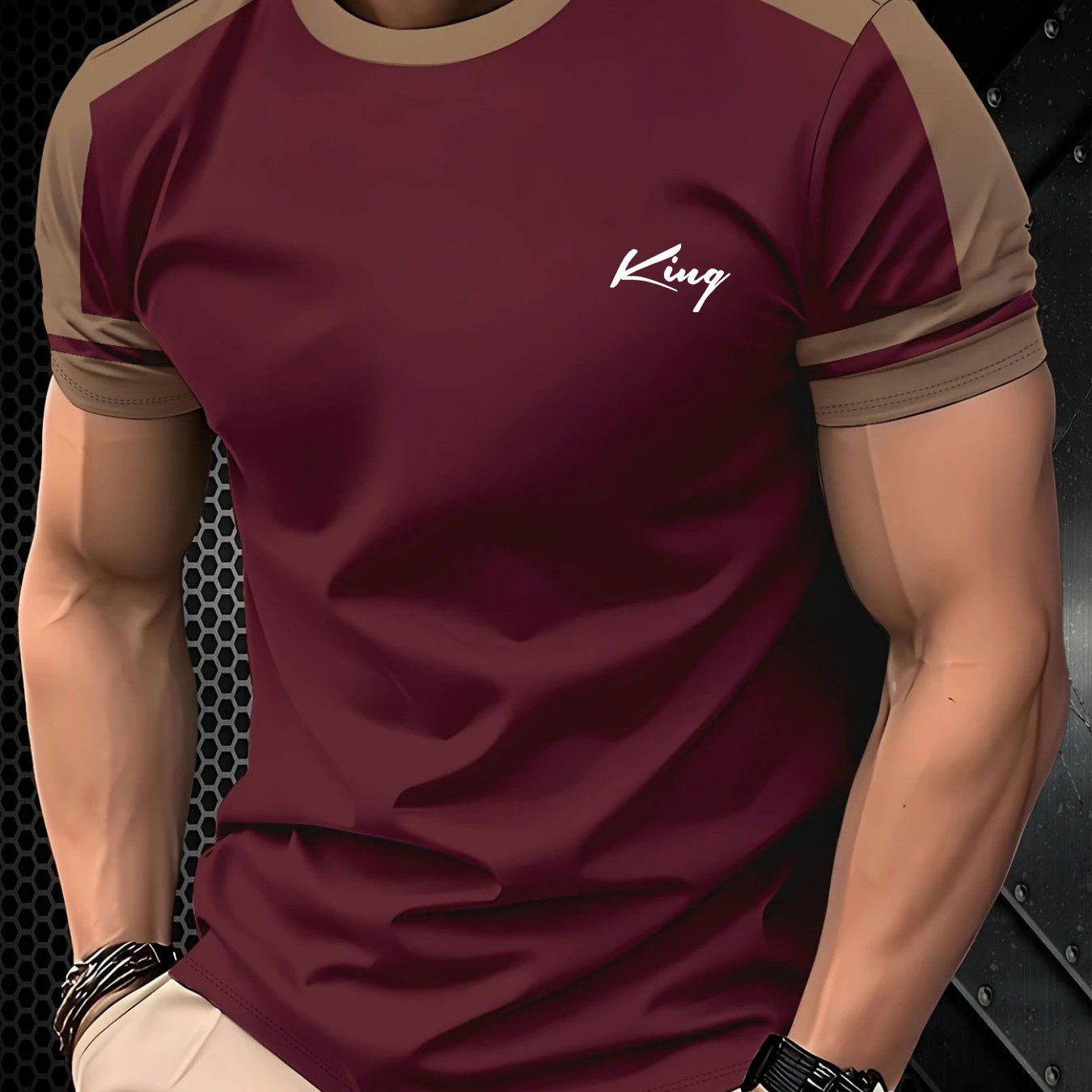 TEMU Fashionable Men's Short-sleeved T-shirt | Design With King Letter Print, Comfortable And Casual, Crew Neck, Stretch Fabric, Perfect For Summer