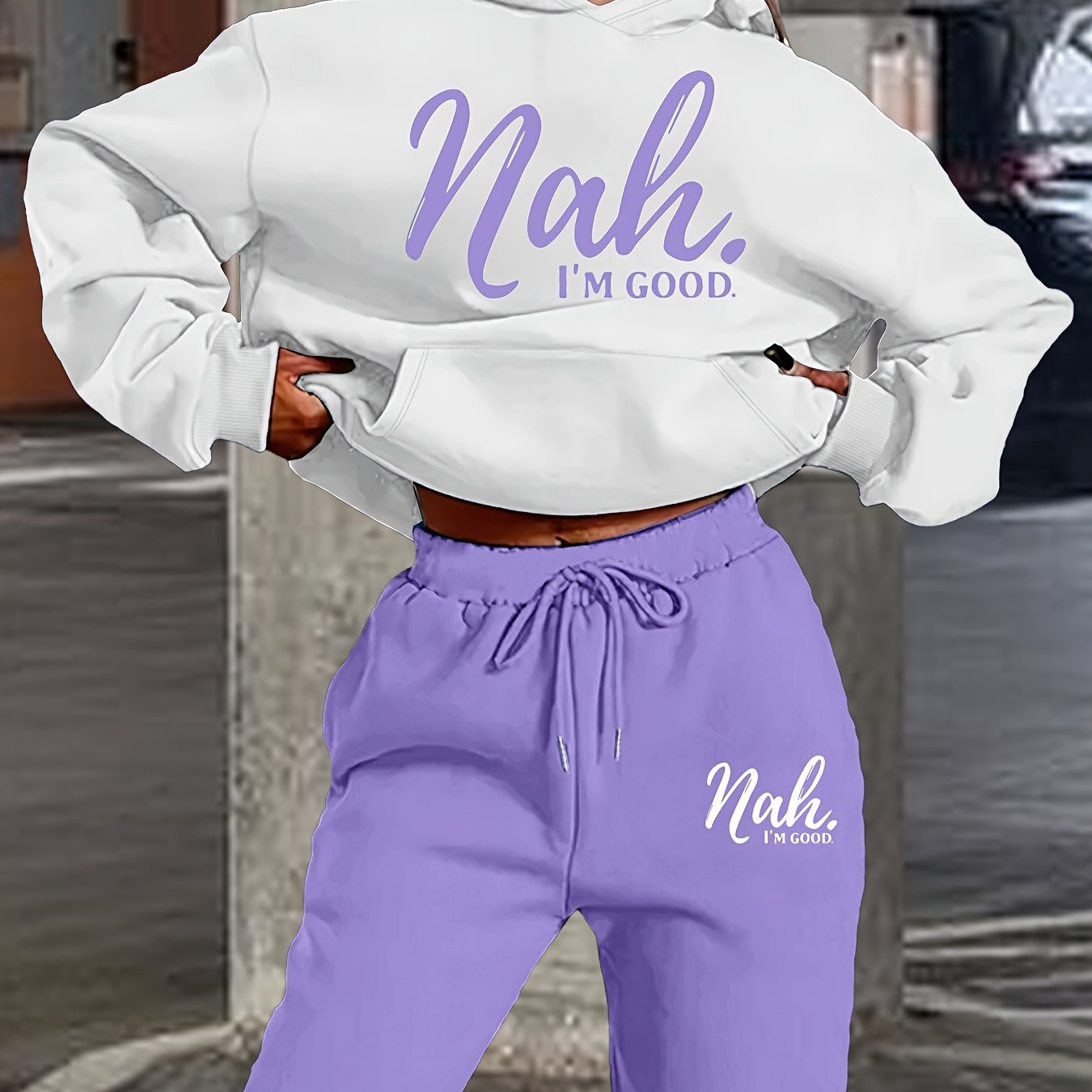 TEMU Women's Fashion Swear Set, Color-block Hooded Set With "nah " Lettering Contrast Print And Drawstring, Two-piece Style