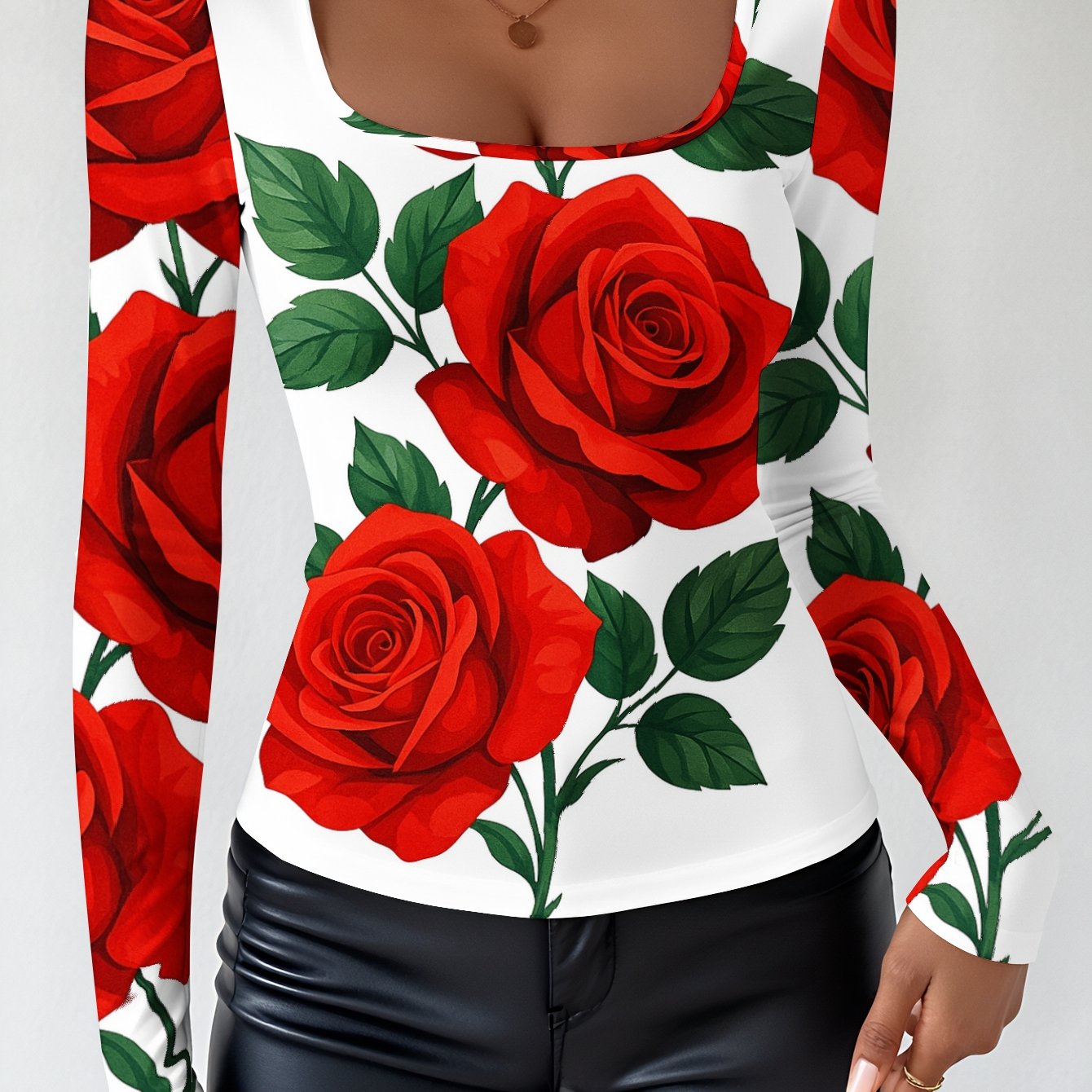 TEMU Plus Size, Plus-size Elegant V-neck Long-sleeve Top - White Shirt With Red Rose Print, Machine-washable Non-sheer Fabric, Versatile For Spring