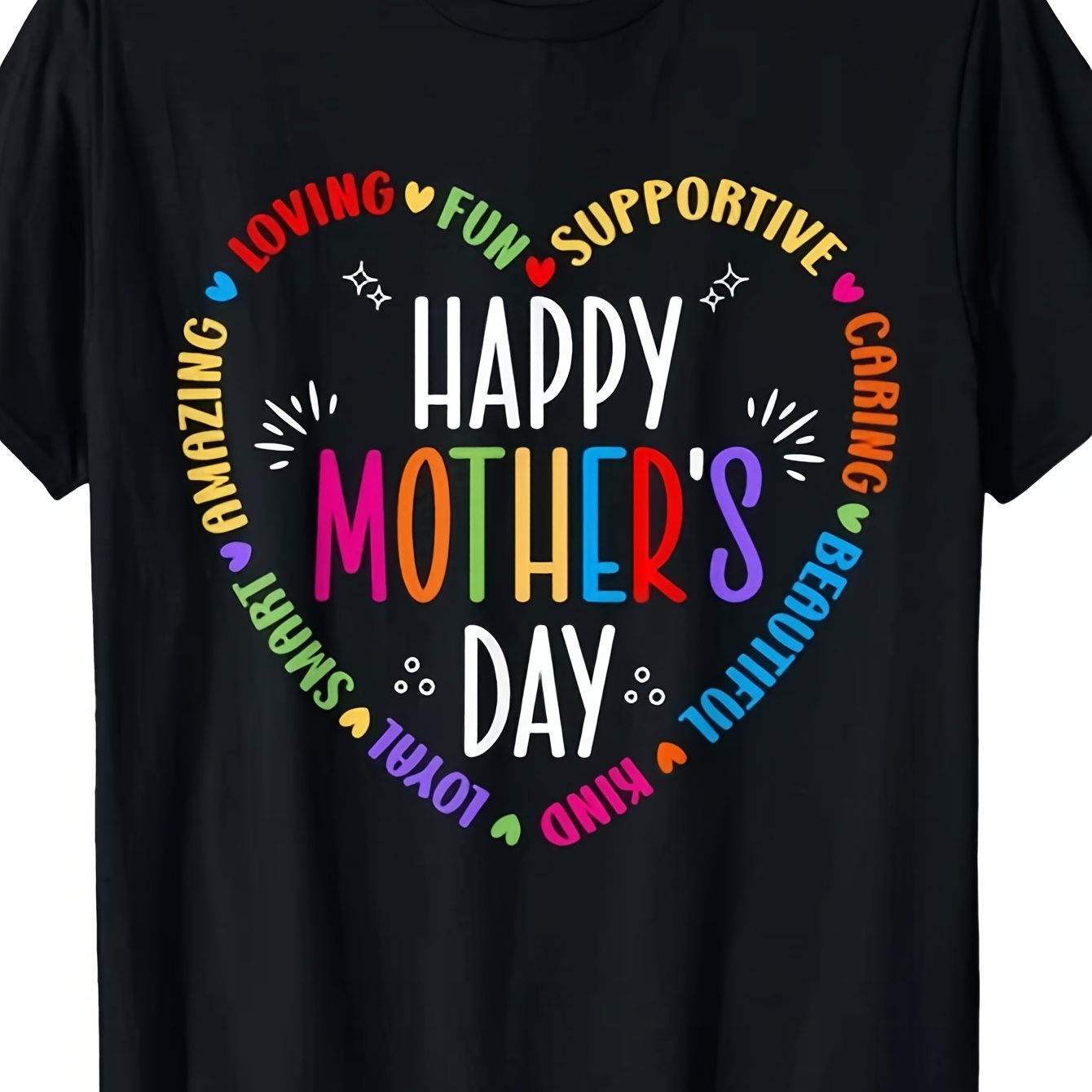 TEMU Happy T-shirt - Unisex Adult Black 220gsm Heavyweight Cotton Retro Heart & Multicolor Design With Happy Lettering, Funny Sentiments & Heart