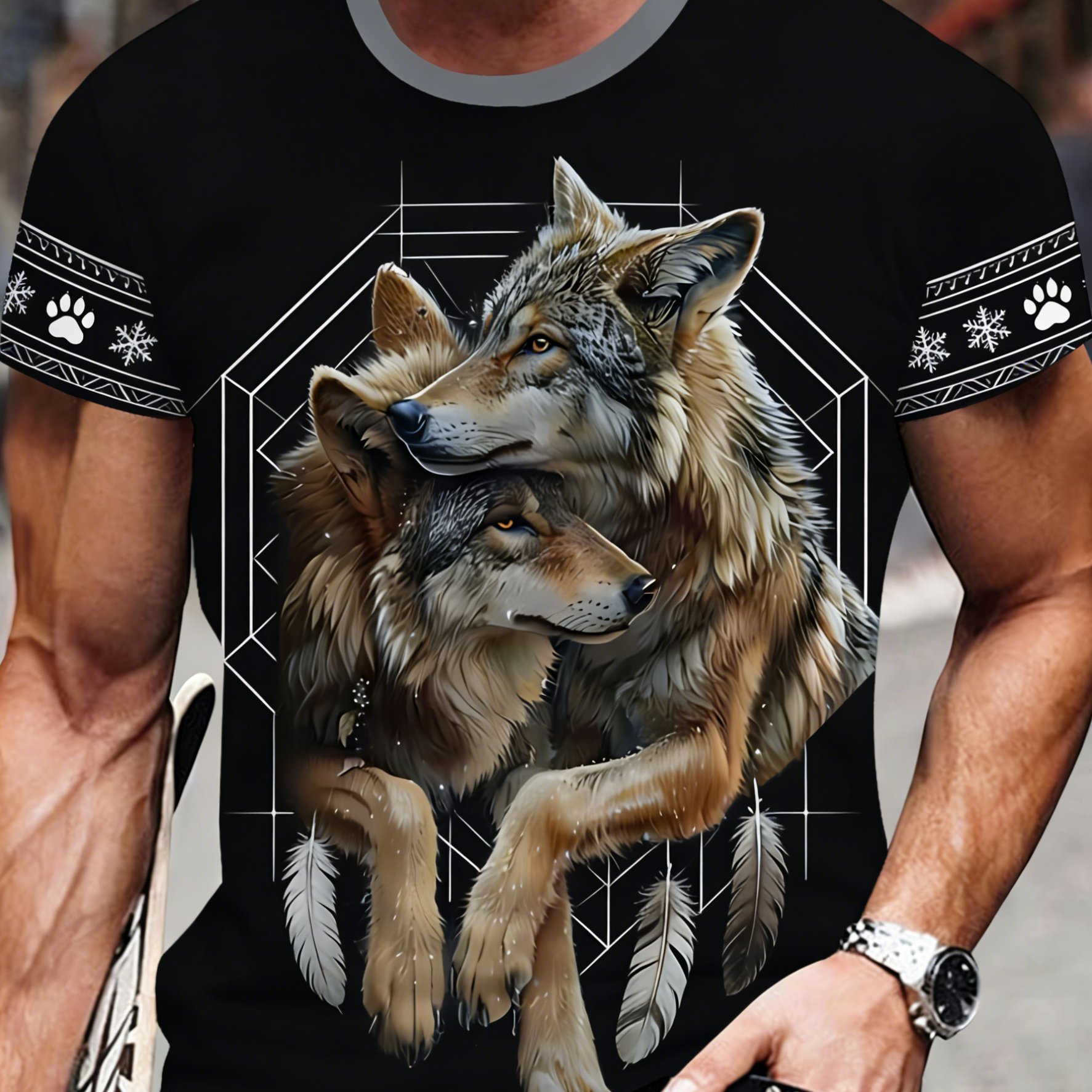 TEMU [printed Design - Not Textured/][printed Design - Not Textured] Plus Size Men's Wolf Pc Pattern T-shirt - Summer Casual Short Sleeve Top, Loose