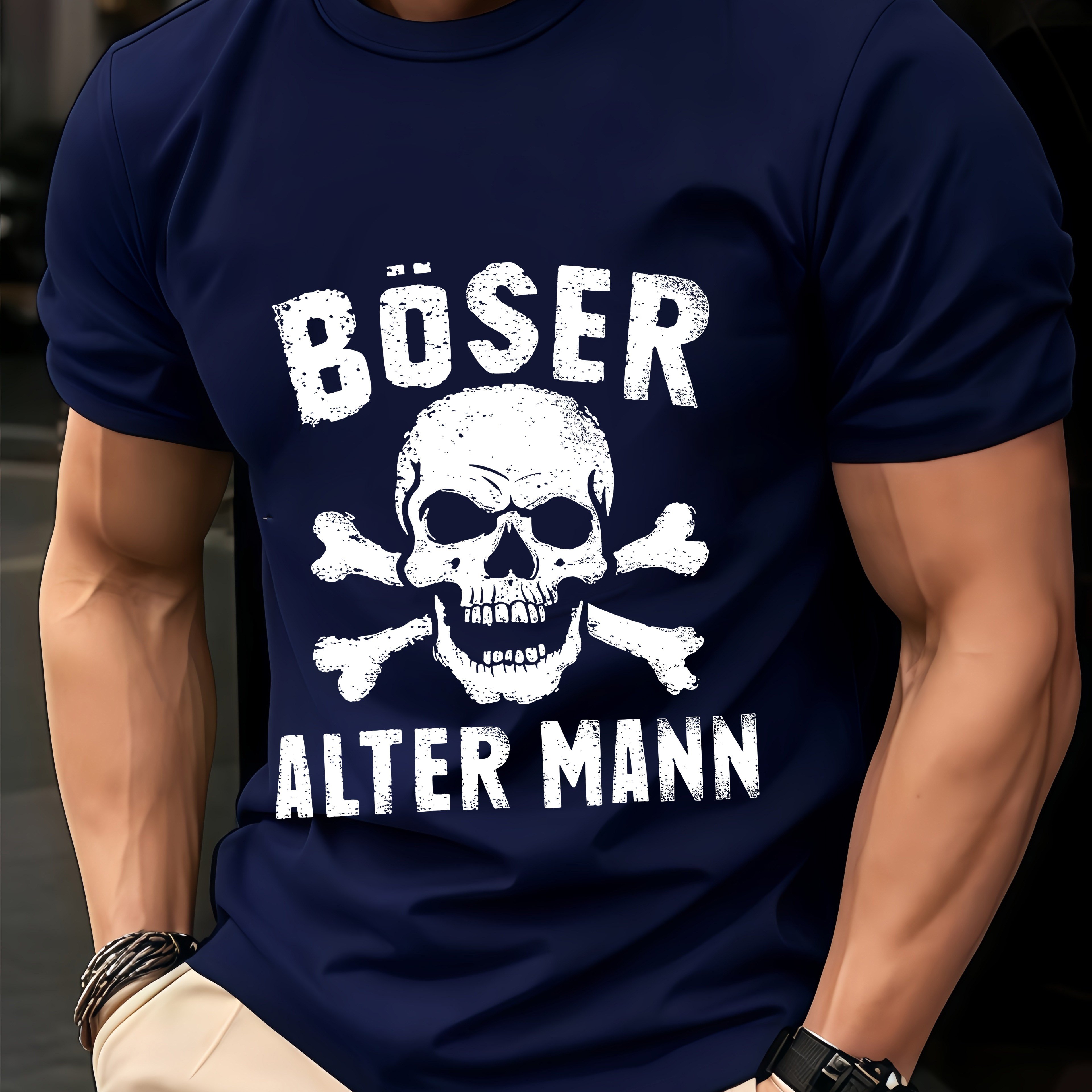 E-shop Herrenmode T-Shirt, Rundhals Strickoberteil, Druck mit Vintage Distressed Totenkopf Grafik, deutscher humorvoller Slogan "BÖSER ALTER MANN" (Bad
