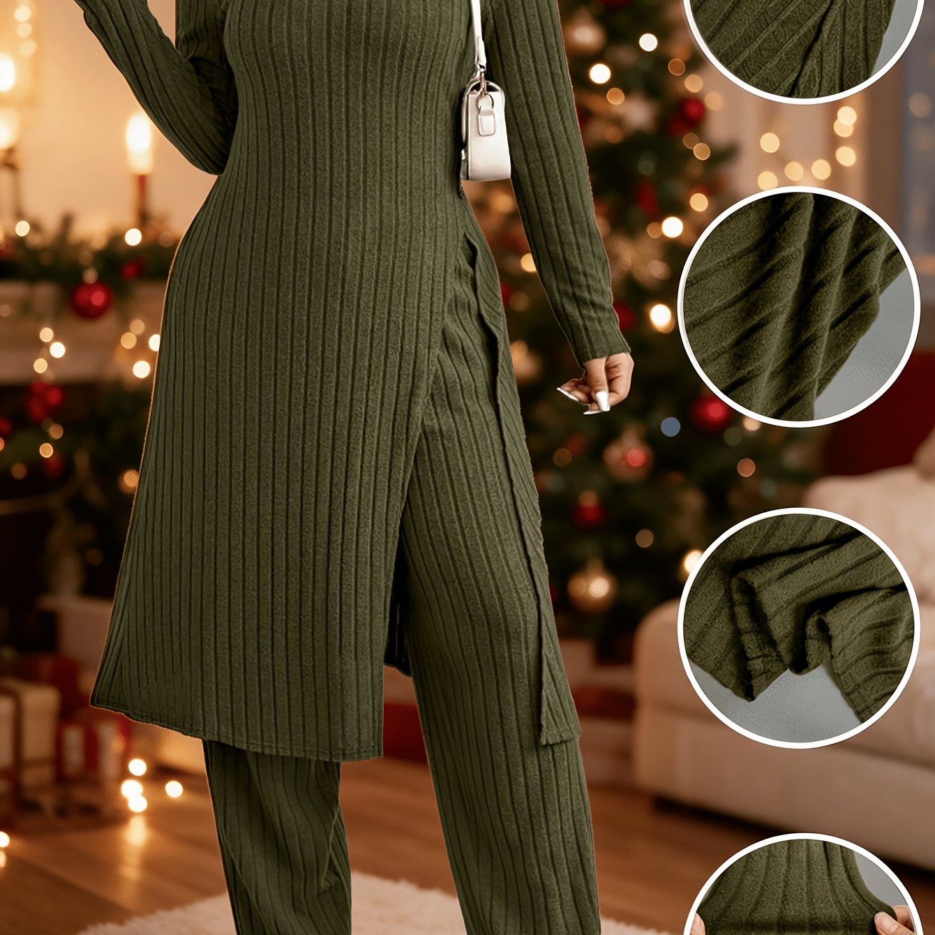 TEMU Ensemble 2 pièces grande taille pour femme, confortable et , haut long à fente et col ras du cou, pantalon à jambes larges, tenue décontractée