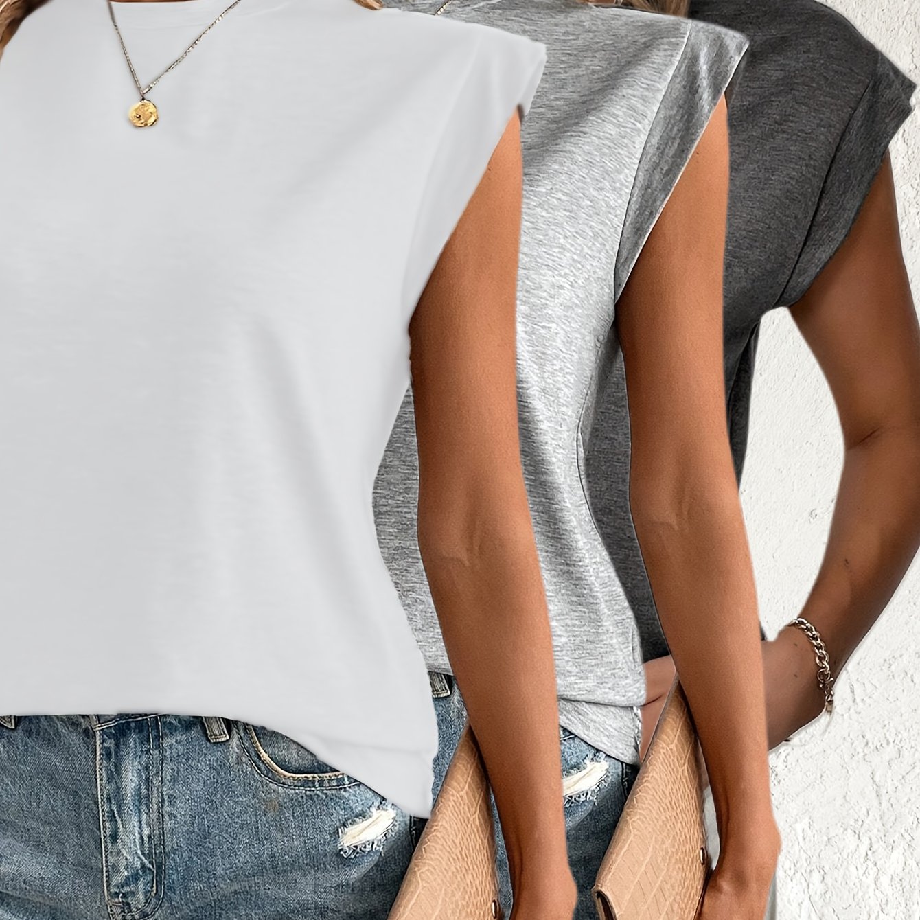 TEMU 3pcs Women's Casual Solid Color T-shirts With Batwing Sleeves - Soft, Comfortable Round Neck Tees In Black, Gray, And White, Outfits, Versatile Tshirt | Round Neck Tshirt | Stylish Casualwear