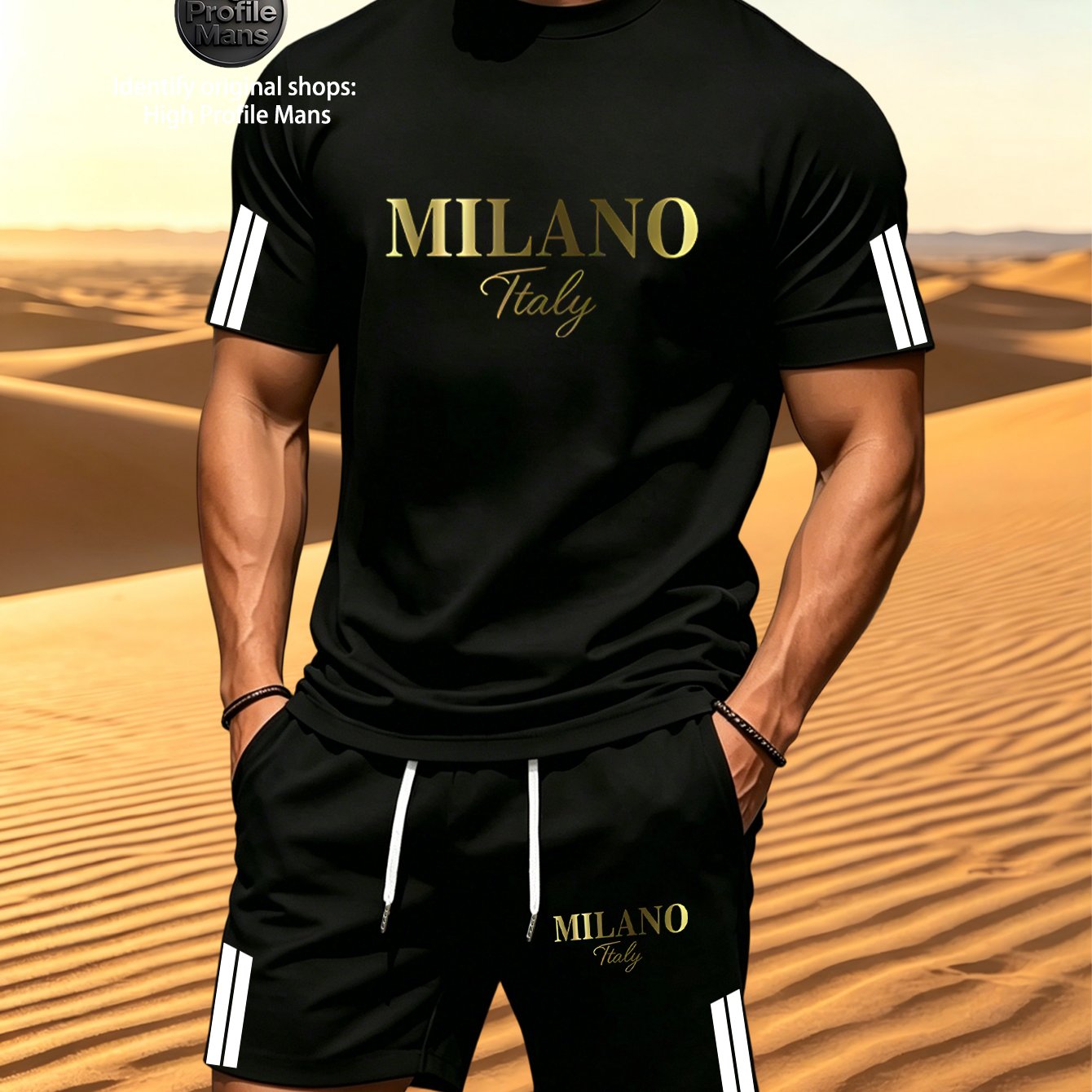 TEMU 2pcs Men's Summer Casual Sportswear Set With Striped Cuff Design, Drawstring Shorts With Pockets, Print, Fashionable And Trendy, Breathable And