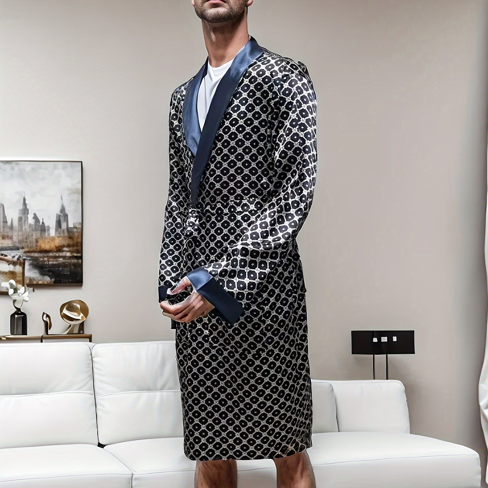 Men's Comfortable Fashion Minimalist Checkered Print Sleep Robe, Elegant High-end Color- Bathrobe For