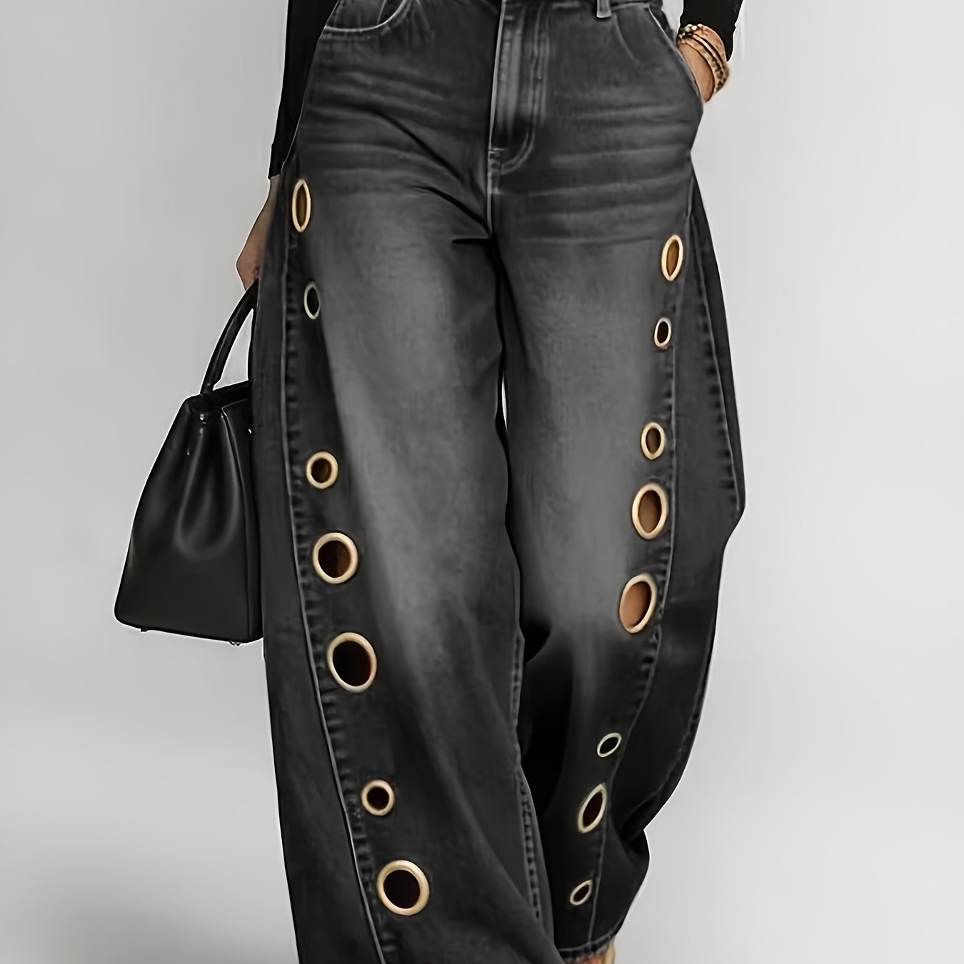 TEMU Womens Spring Summer New Metal Shaped Eyelet Design Jeans Horse Loose Fit Jeans Fashion Trendy Elegant Versatile Denim Pants Breathable Eyelet