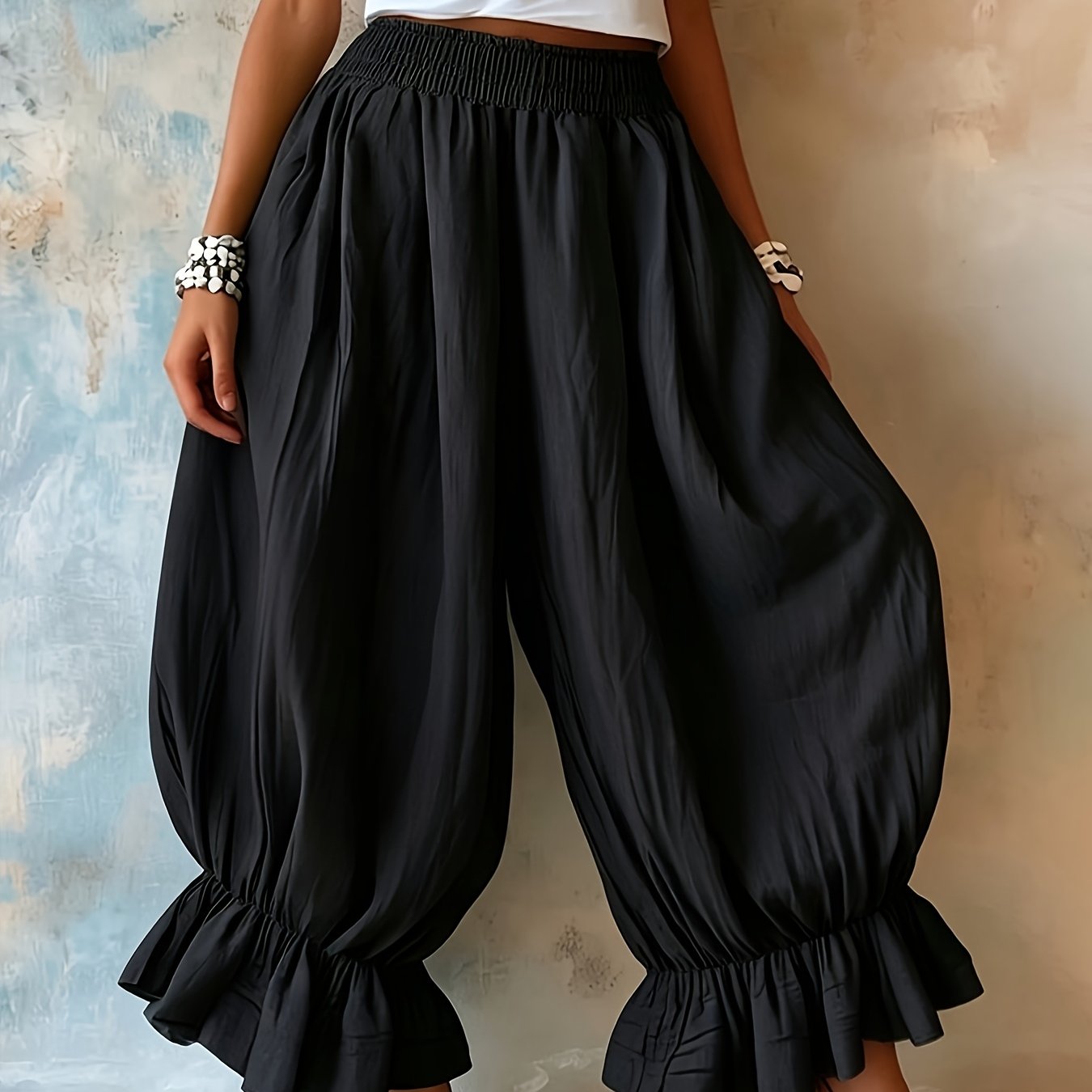 TEMU New Women's Elastic High-waist Hem Wide-leg Pants, Loose Flowy Casual Harem Long Trousers, Solid Black Daily Vacation Trousers