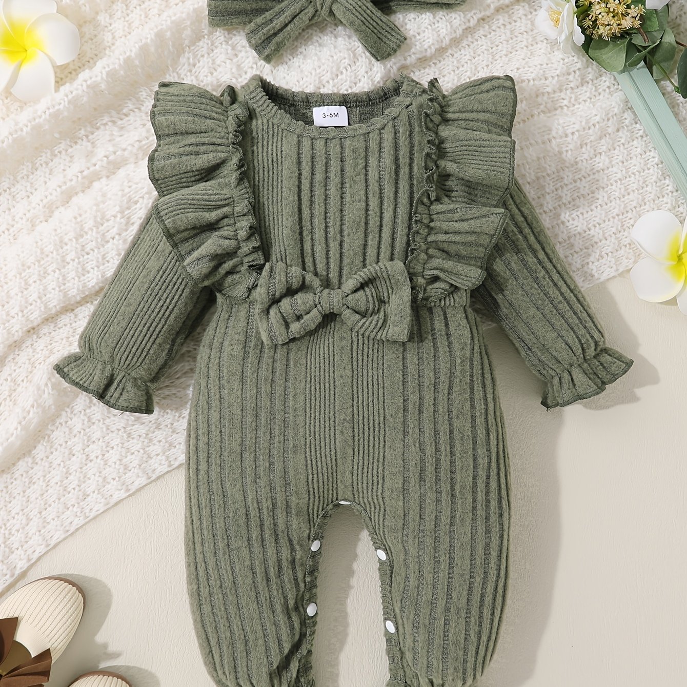 2pcs Set Of Baby Girl Soft, Comfortable, Breathable, , Front Bow, Ruffle Details, Jumpsuit, Headband, Sweet And Cute, For Outdoor