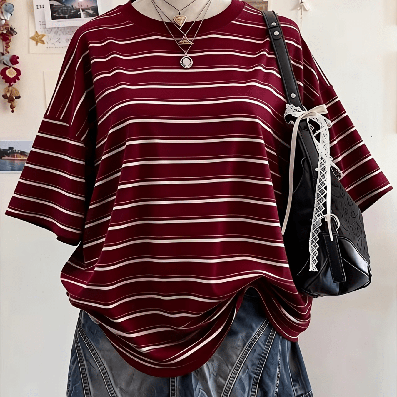 TEMU Women's Red And White Striped Round Neck Short Sleeve T-shirt, Casual Athletic Fashion Statement Top