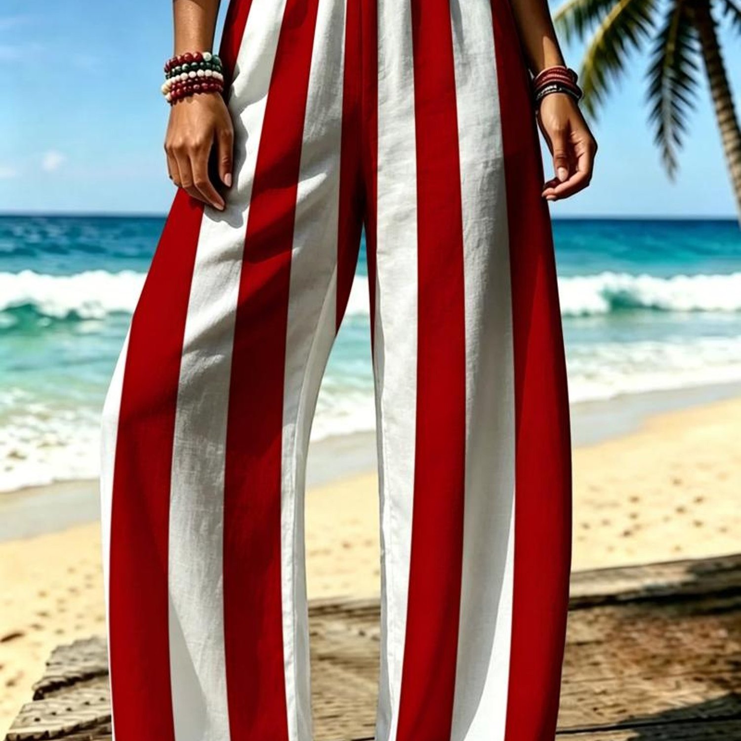 TEMU Women's Wide-leg Trousers - Vertical Stripe Wide-leg Pants Suitable For Vacations, Beach Outfits, Commuting | Loose-fit Trousers With Vertical
