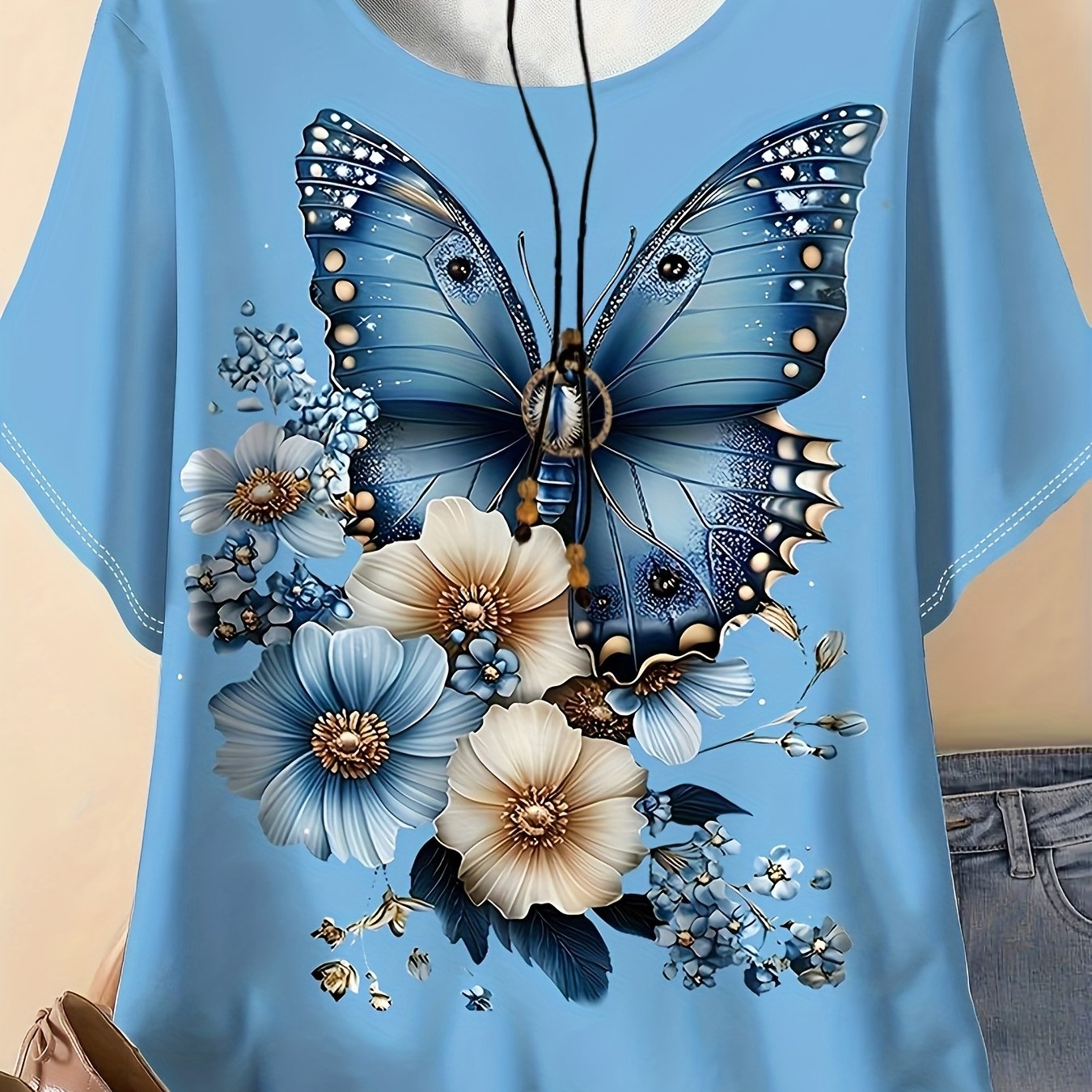 TEMU Plus Size - Plus Size - Women's Plus Size And Floral Print T-shirt - Casual Short-sleeve Round Neck Top, Vibrant Pink With Blue Butterflies And