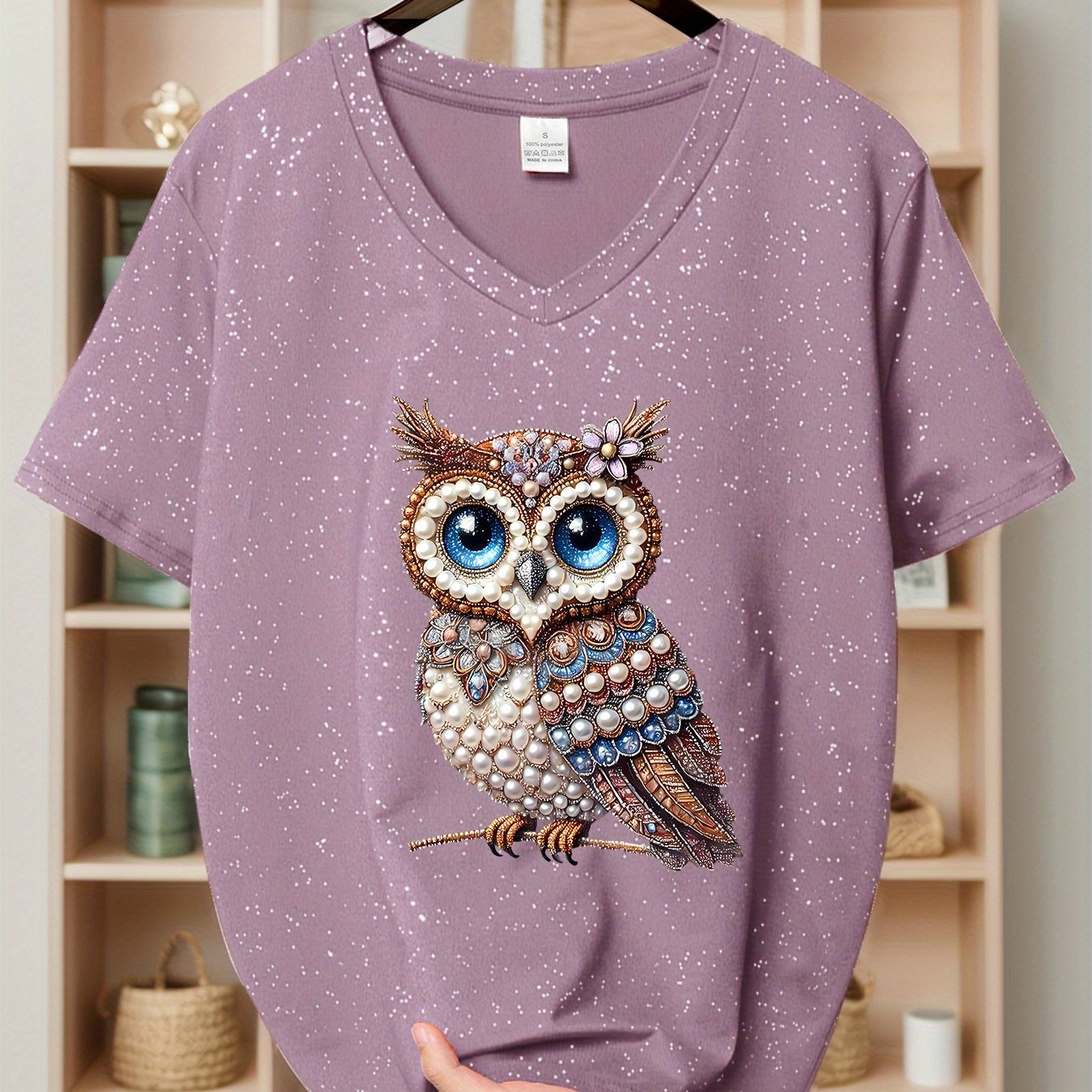 E-shop [Frühling/Sommer Neuheit] Cartoon-Print Freizeit T-Shirt mit Sternenmuster V-Ausschnitt Kurzarm, Eulen-Print Freizeit T-Shirt, Lässiges