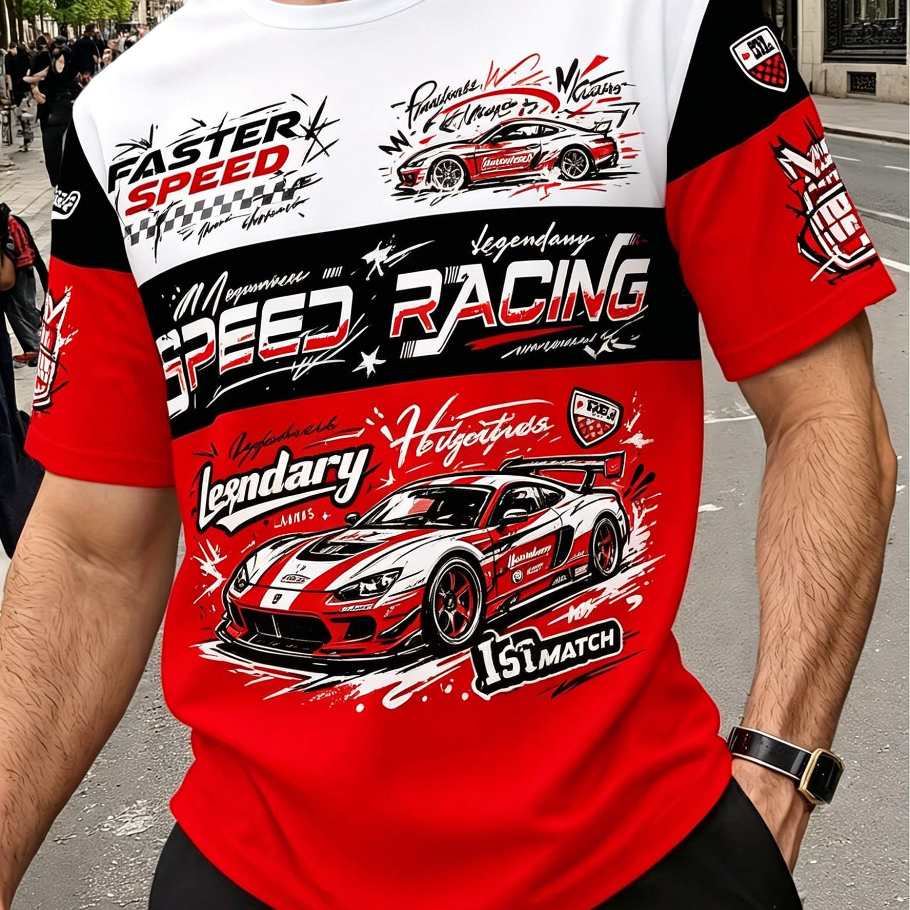 TEMU Summer 's Color-block Short Sleeve, Full Print Racing Theme Art On Front, Featuring Supercar Patterns, Speed Slogans, Plaid Racing Elements And