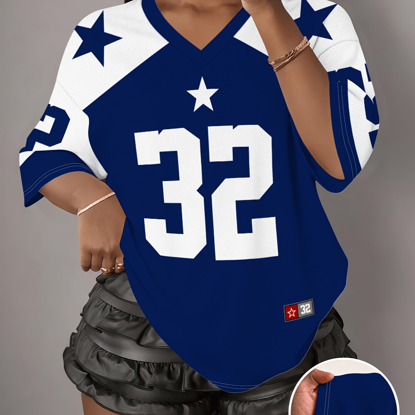 TEMU Women's Soccer Jersey, V-neck Short Sleeve Top With Star Pattern And Number Print, Loose Fit, Suitable Day, Events, And Casual Wear, Breathable