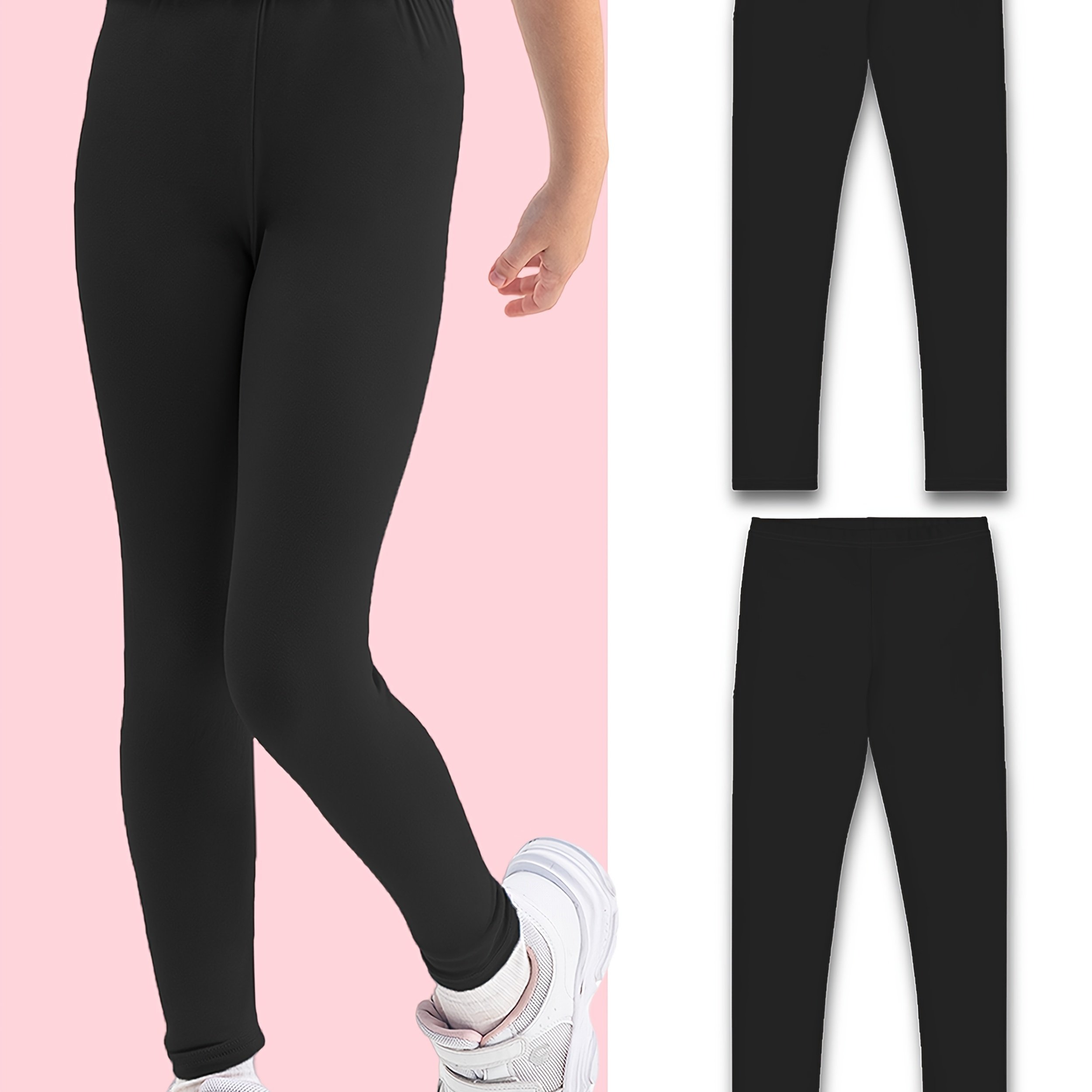 2pcs Set Of Leggings, Girls' Stretch Stretch Versatile Basic Solid Color Ankle Length Dance Pants Yoga Pants, Black Combination