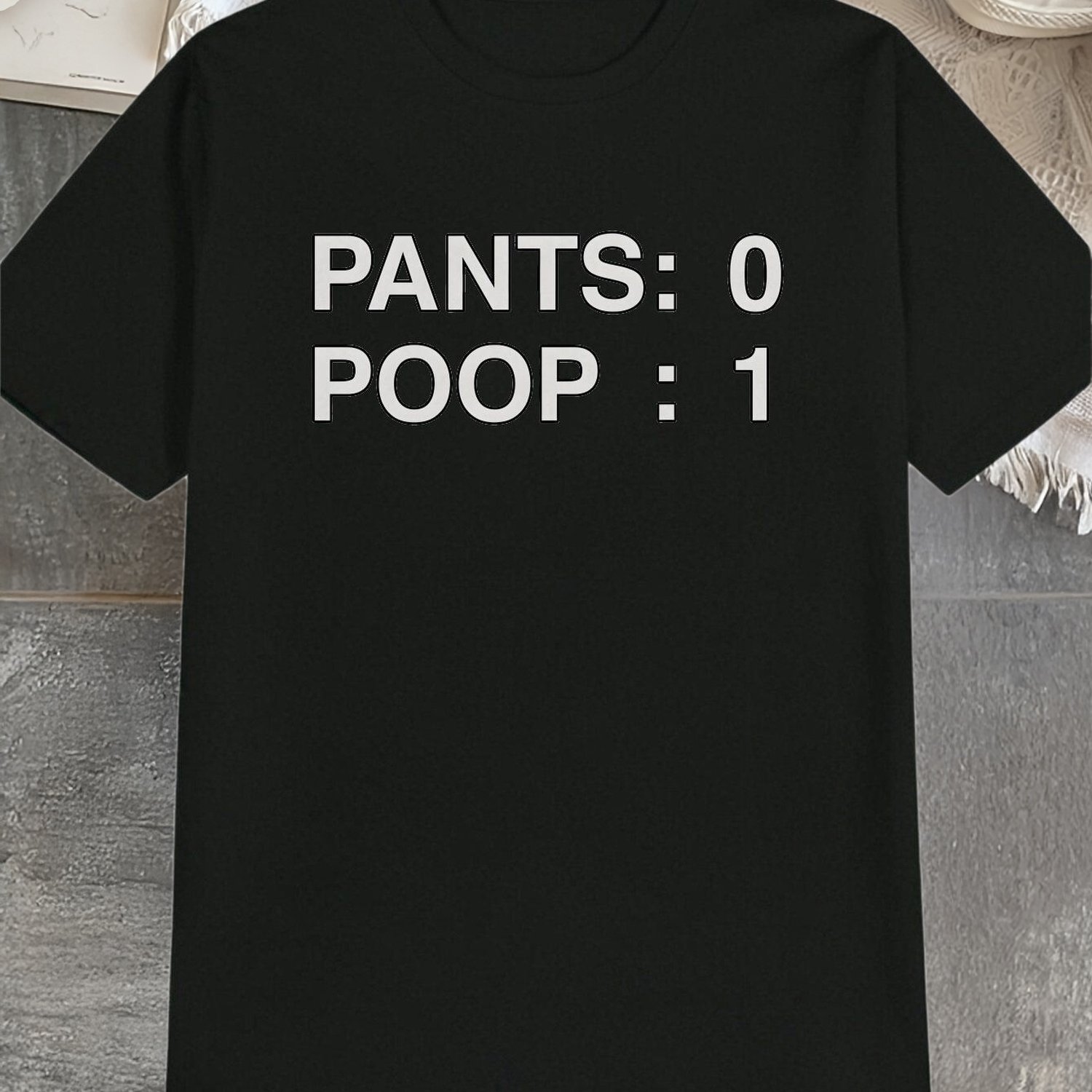 TEMU Men's Joke T-shirt- Pants: 0 Poop: 1 Printed T-shirt- Black With White Text- Breathable Everyday Casual Shirt- Machine Washable Regular Fit
