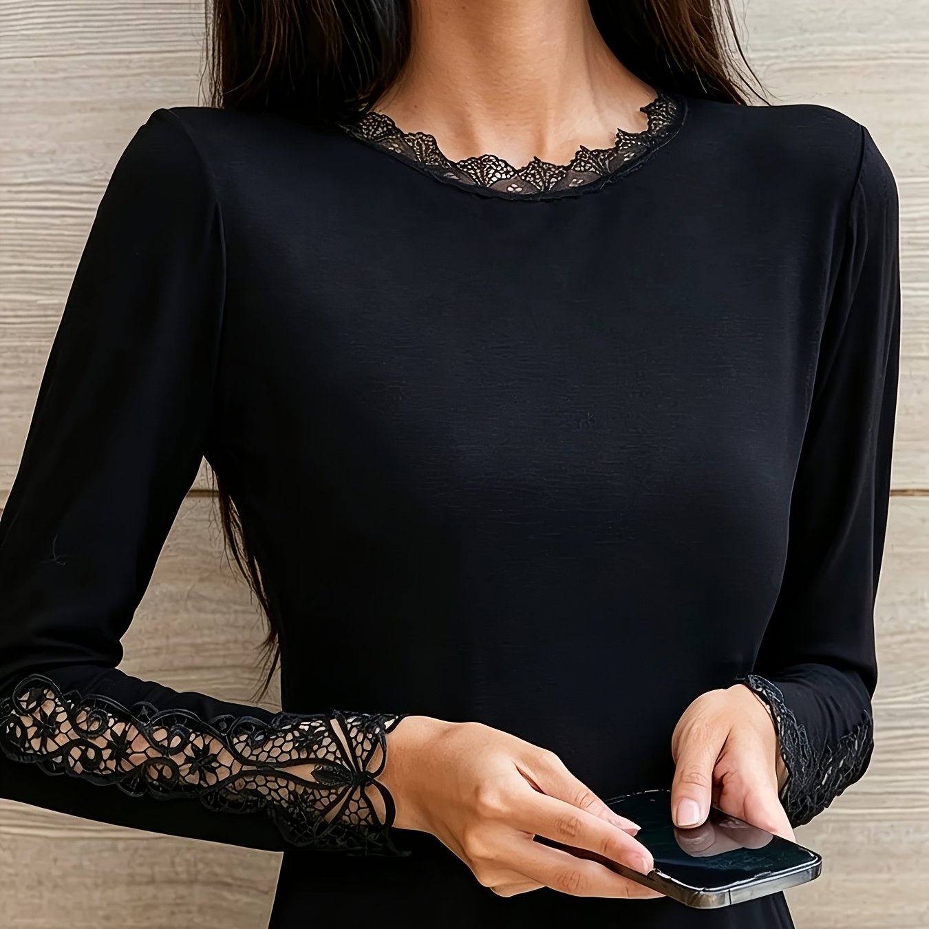 TEMU Haut de base femme à manches longues et col rond en dentelle à volants, chemisier patchwork en dentelle à col bas, T-shirt fin à manches longues