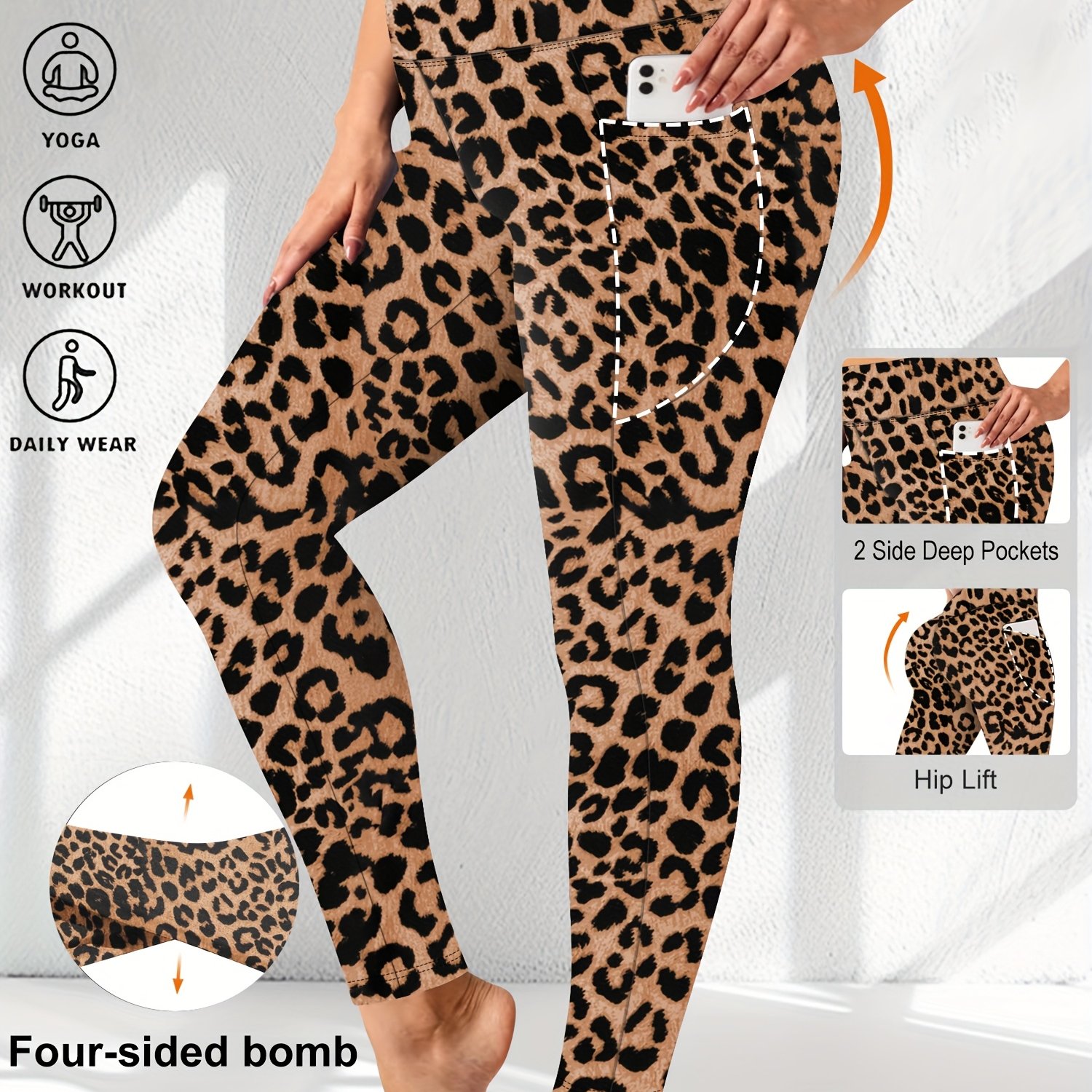 E-shop Plus Size Damen High-Waist Hose - Durchsichtige Bauchkontroll-Leggings mit Seitentaschen, Dehnbare Hosen für den ganzen Tag, Leopard-Print,