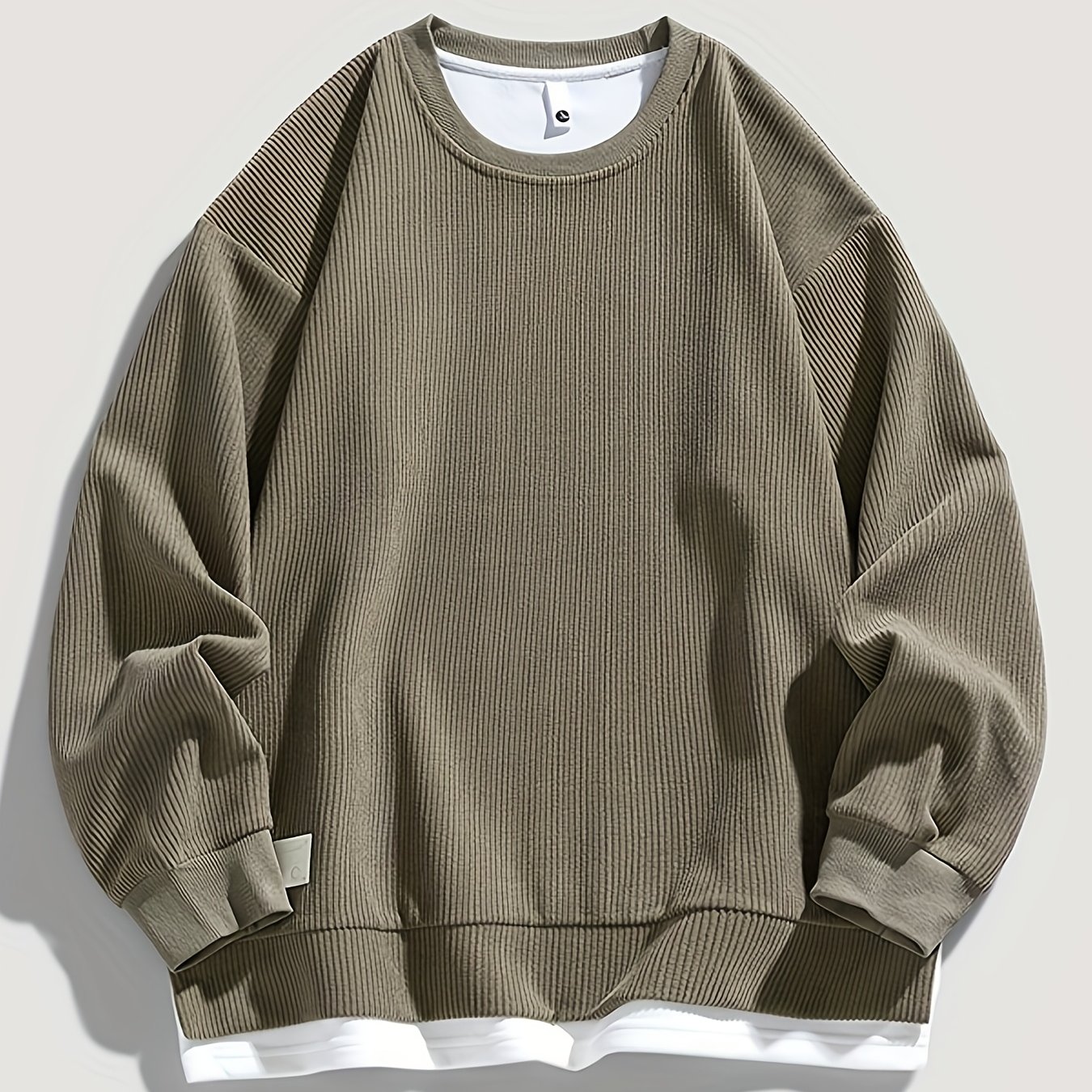TEMU 2-in-1 Look Men's Long-sleeve Sweatshirt, Autumn/winter Heavyweight Solid Color Crewneck Top