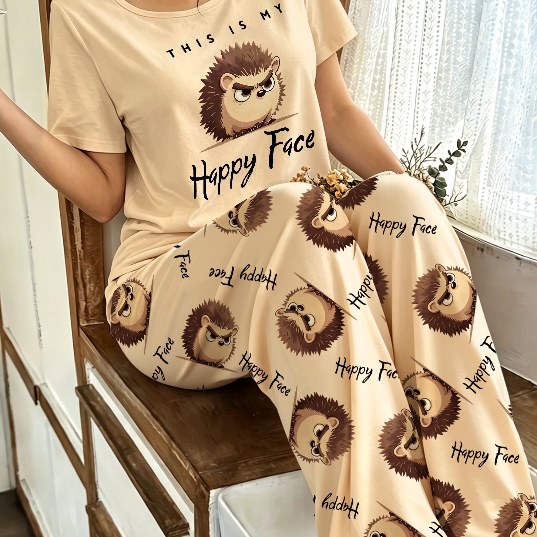 TEMU Women's Casual Happy Face Hedgehog Print Short Sleeve Top And Cartoon Print Long Pants Pajama Set
