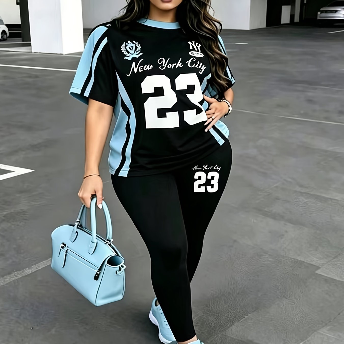 TEMU Ensemble 2 pièces pour femme : haut décontracté à manches courtes avec imprimé graphique slogan créatif #23 et leggings moulants, style