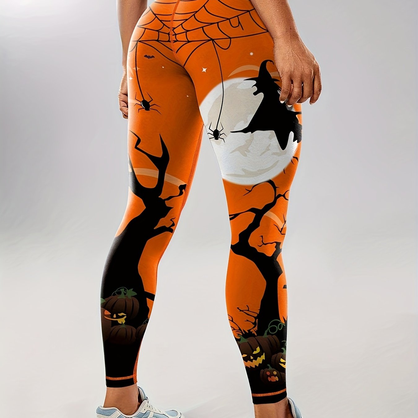 TEMU Halloween-themed High Waist Yoga Leggings For Women - Flame Pumpkin, & Print, Stretchy Fitness Workout Tights With Tummy Control, Yoga Pants