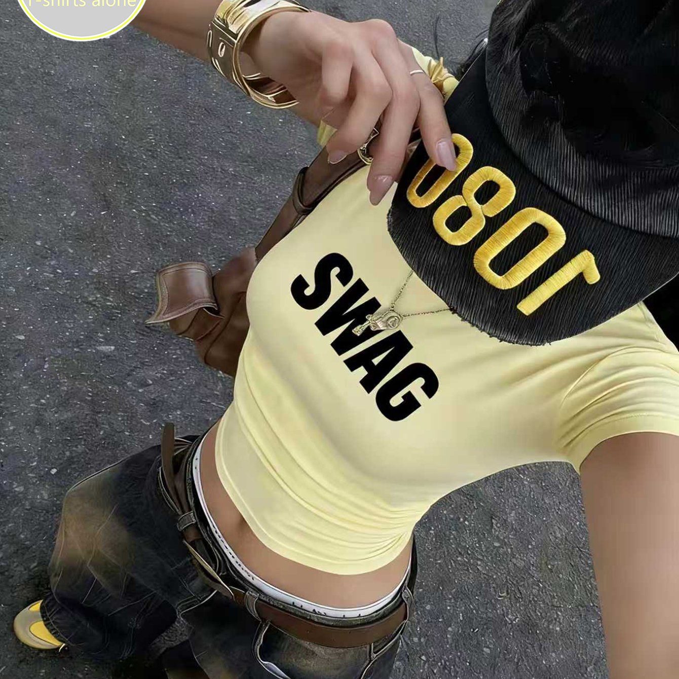 TEMU Haut Printemps/Été pour Femme Coupe Ajustée avec Imprimé Créatif Lettres "SWAG", Style Décontracté et , Look Piquant et , Polyvalente Douce pour