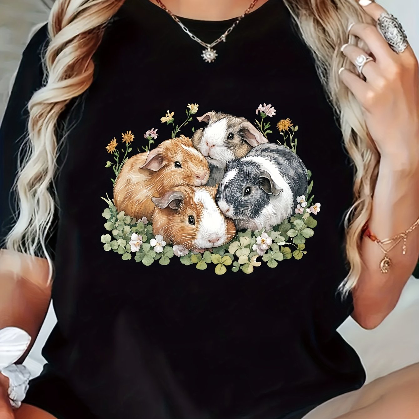 TEMU Ladies' Cute Guinea Pig Pattern T-shirt, Short Sleeve Round Neck Lightweight Polyester Blend Essential For Spring And Summer