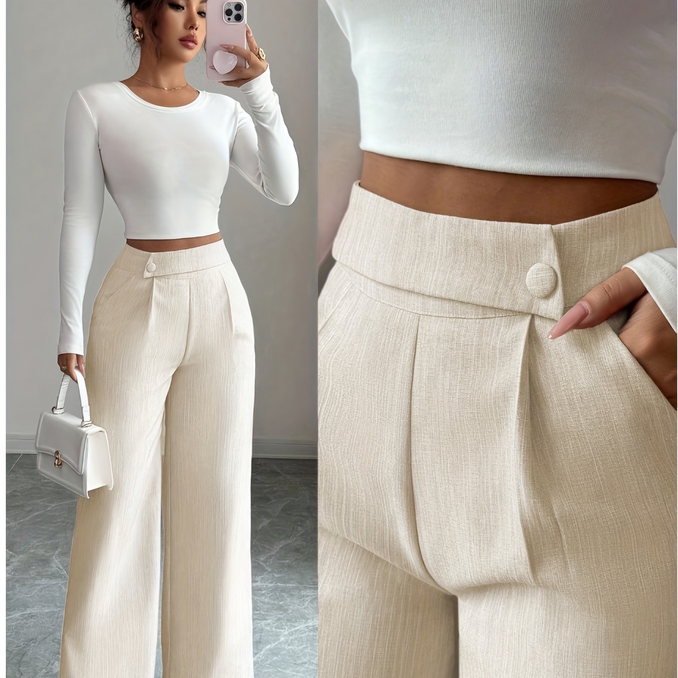 Button Wide-leg Pants, Elegant Solid-color Straight-leg Suit Pants For Spring And Autumn, Women's Clothing