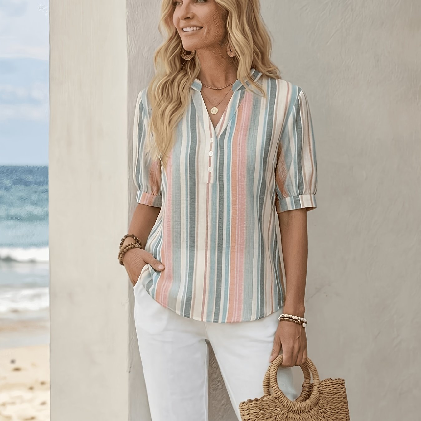 TEMU Striped V-neck Short Sleeve Shirt Universal