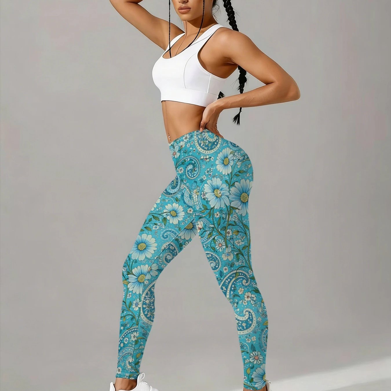 TEMU Women's Casual Sportswear Lake Blue Daisy Paisley High-waist Stretchy Leggings, Fresh Pastoral Style Yoga, Outing, And Shopping Pants For