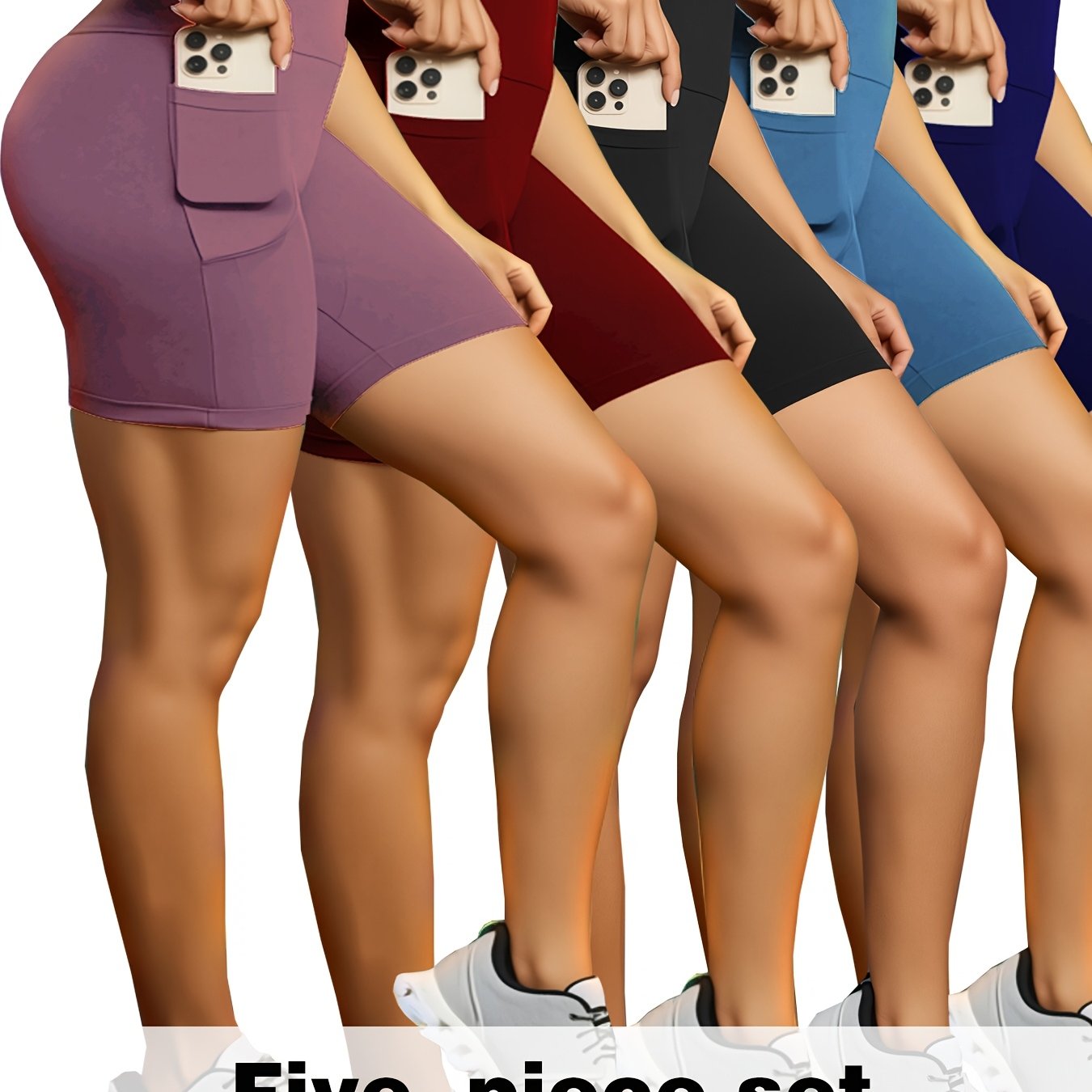TEMU 5-pack Summer Quick-drying Seamless High-waisted Compression Yoga Shorts With Pockets For Running/gym