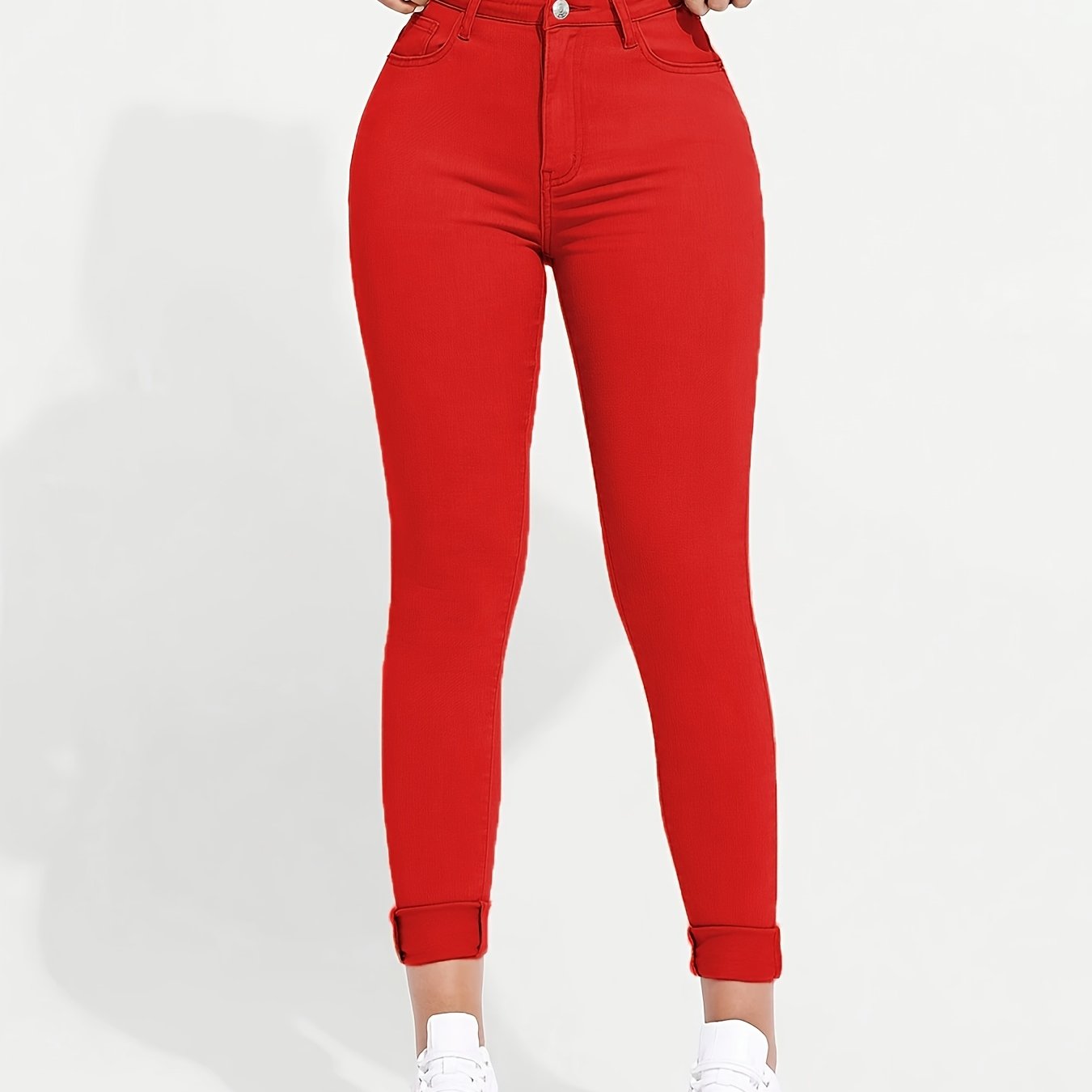 Image of Women' Elegant High-waisted Skinny Jeans - Non-see-through Button-fly Pants, Full-length Stretch For Wear, Slim-fit Casual & Dressy Outfits (no Included) - Solid Red Jeans For Women Denim Jeans