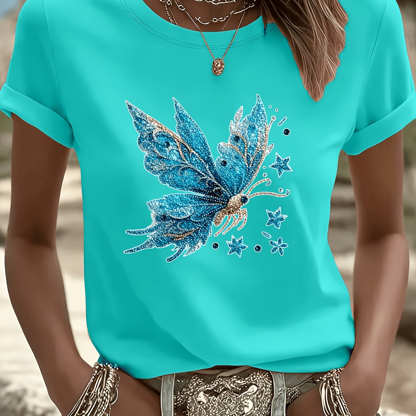 TEMU 3388# Elegant Women's T-shirt Short Sleeve, Fashionable , Summer Essential, Travel, Date, Gift, Vacation, Beach Blue