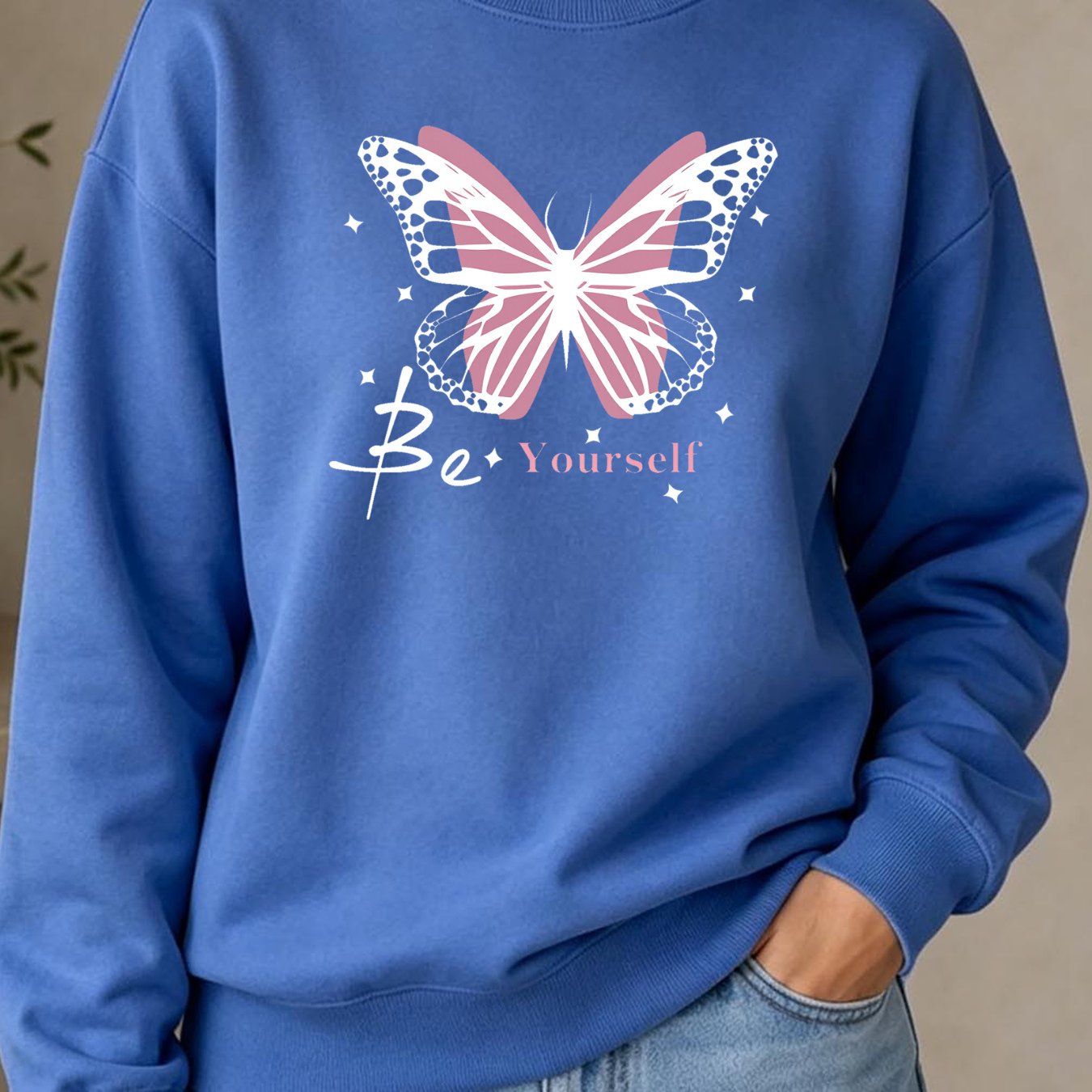 Image of Y2k Pink Print Women's Pullover Sweatshirt - Casual Loose Fit Long Sleeve Crew Neck, Solid , Machine Washable, Local Warehouse