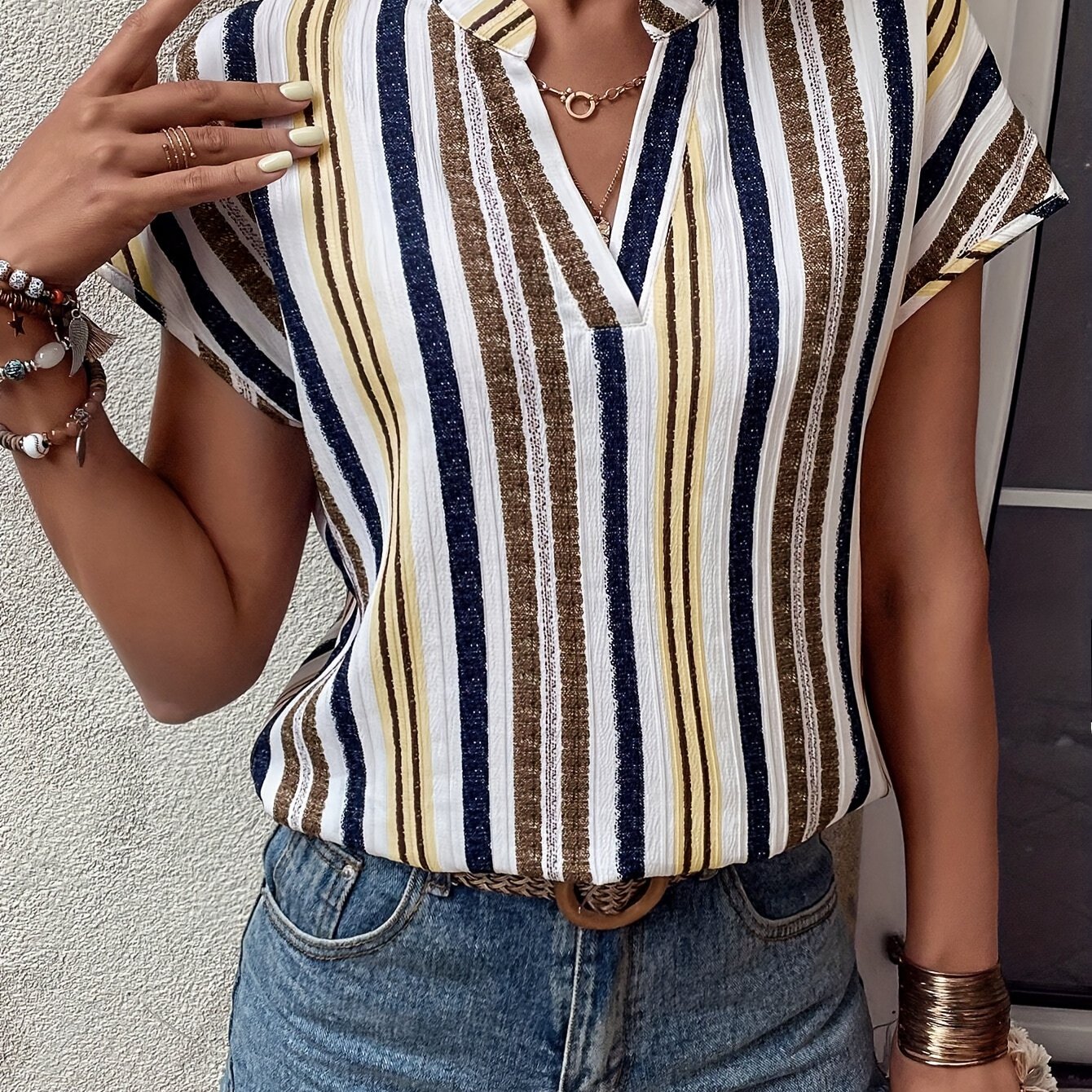 E-shop Damens Elegante Bluse in Beige/Blau/Schwarz/Weiß/Grau/ mit Streifen – Batwing-Shirt für Casual & Formelle Anlässe, Maschinenwaschbarer Alltags-